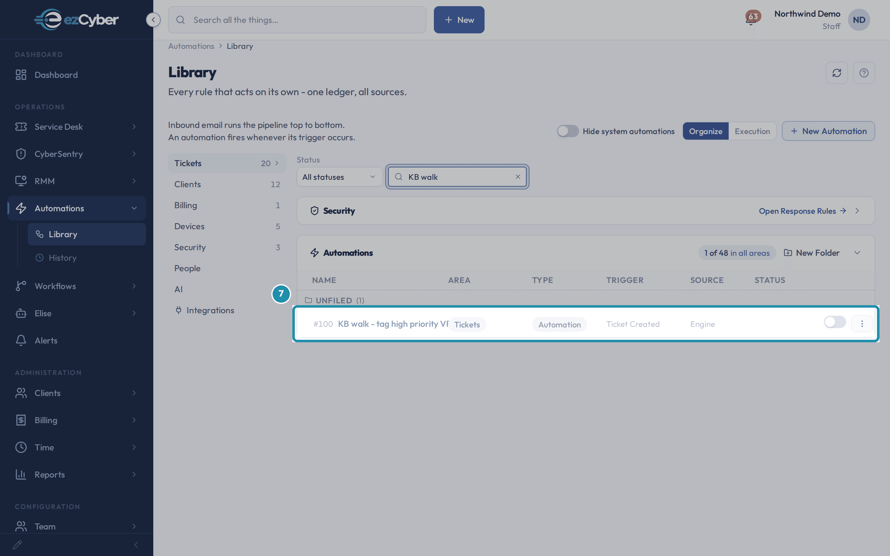The Library filtered to "KB walk", with a teal box around the new rule's row showing an off status toggle.
