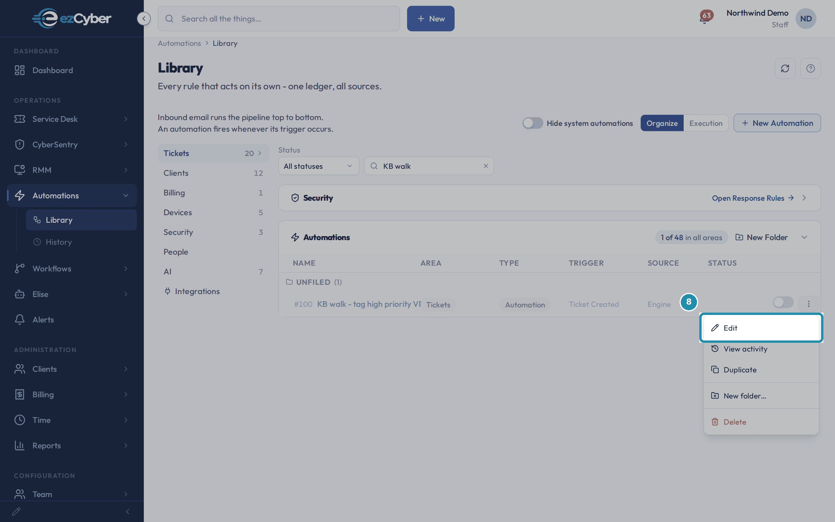 The row's open menu with a teal box around the Edit item.