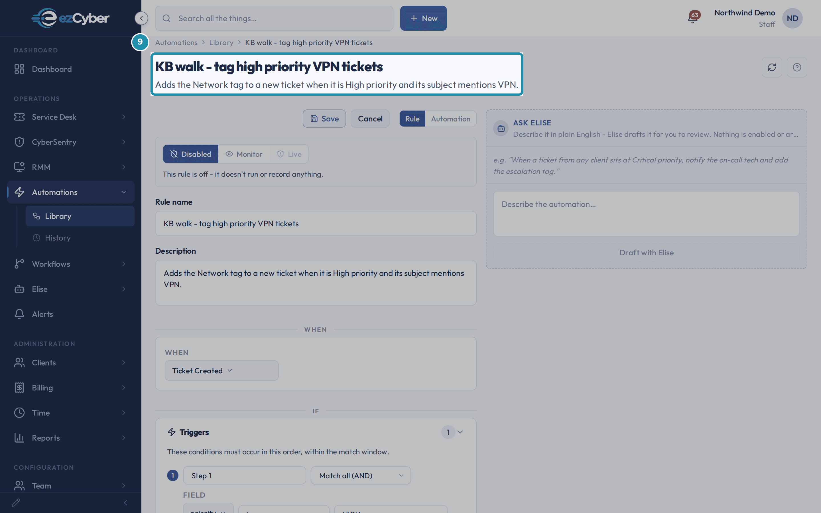 The reopened rule editor with a teal box around the page title and summary, now naming the saved rule.