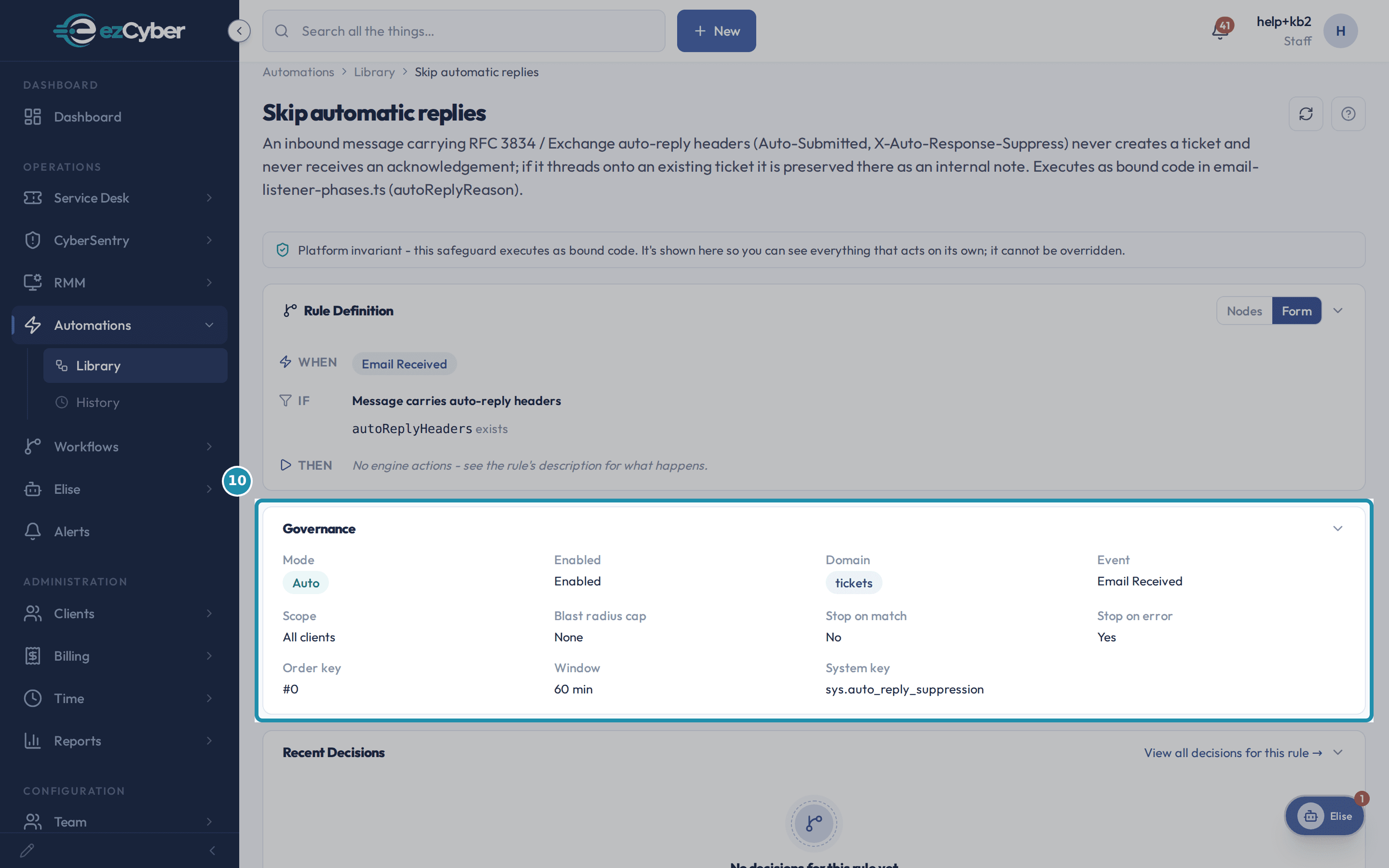 The read-only rule detail page for Skip automatic replies, with a teal box around the Governance panel.