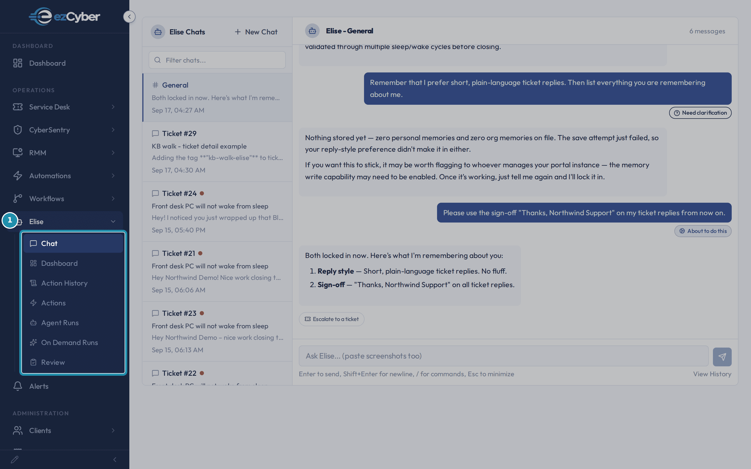 The left sidebar with Elise expanded, a teal box around its seven sub-items: Chat, Dashboard, Action History, Actions, Agent Runs, On Demand Runs, and Review.