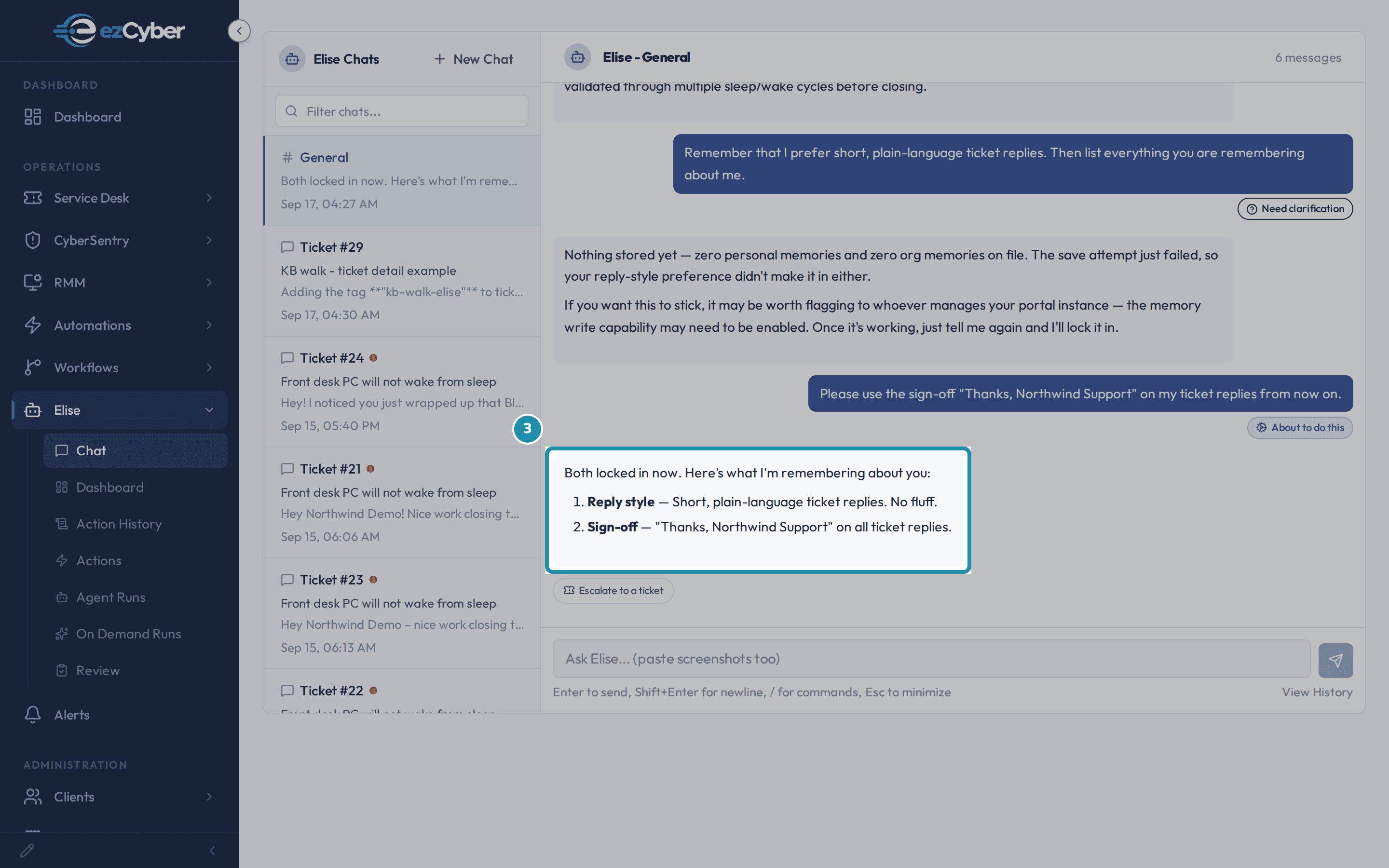 Elise's reply confirming two remembered items: Reply style, short plain-language ticket replies, and Sign-off, Thanks Northwind Support, on all ticket replies.