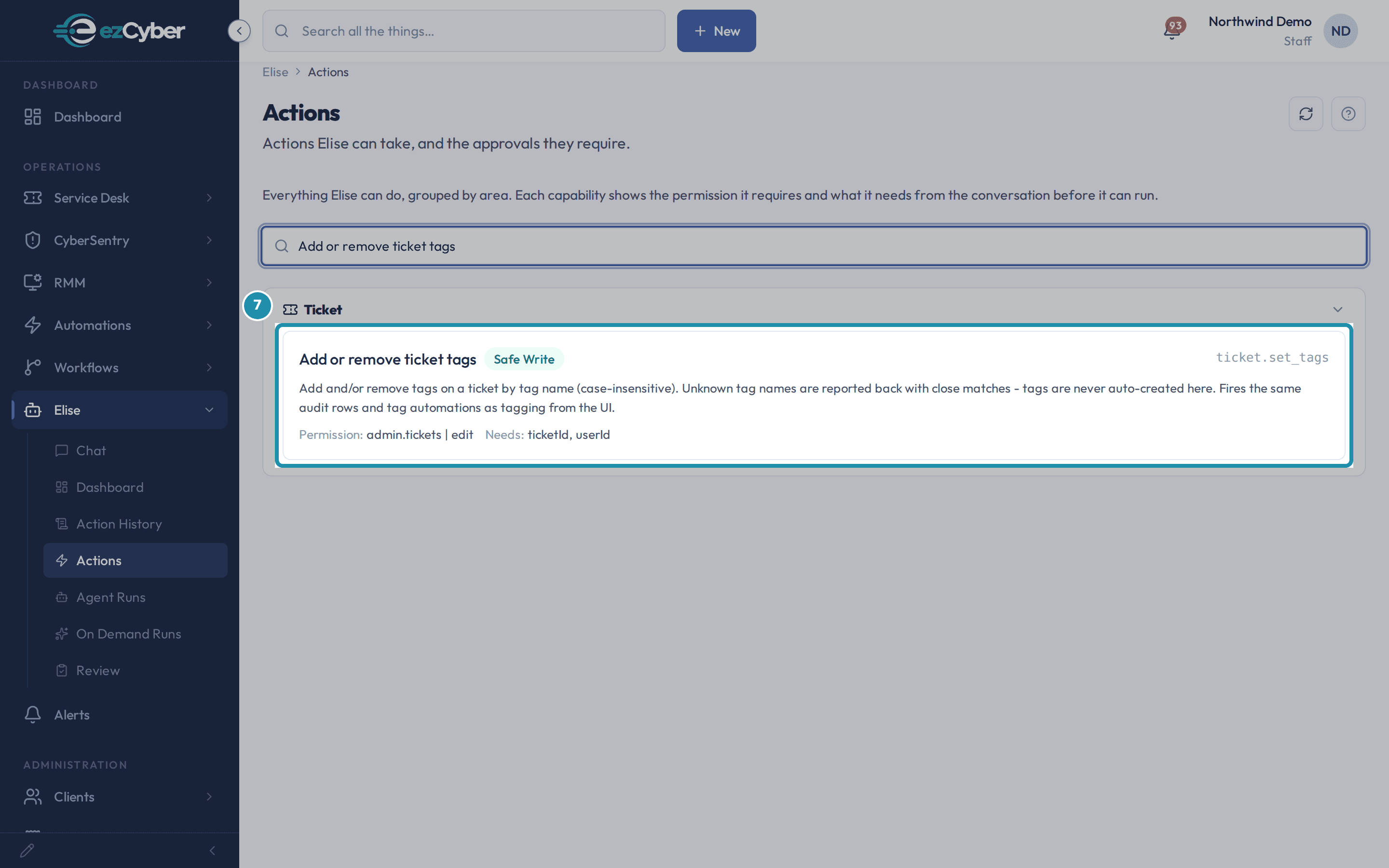 The Actions page searched for "Add or remove ticket tags", with a teal box around its card showing a Safe Write badge, its required permission, and what it needs from the conversation.