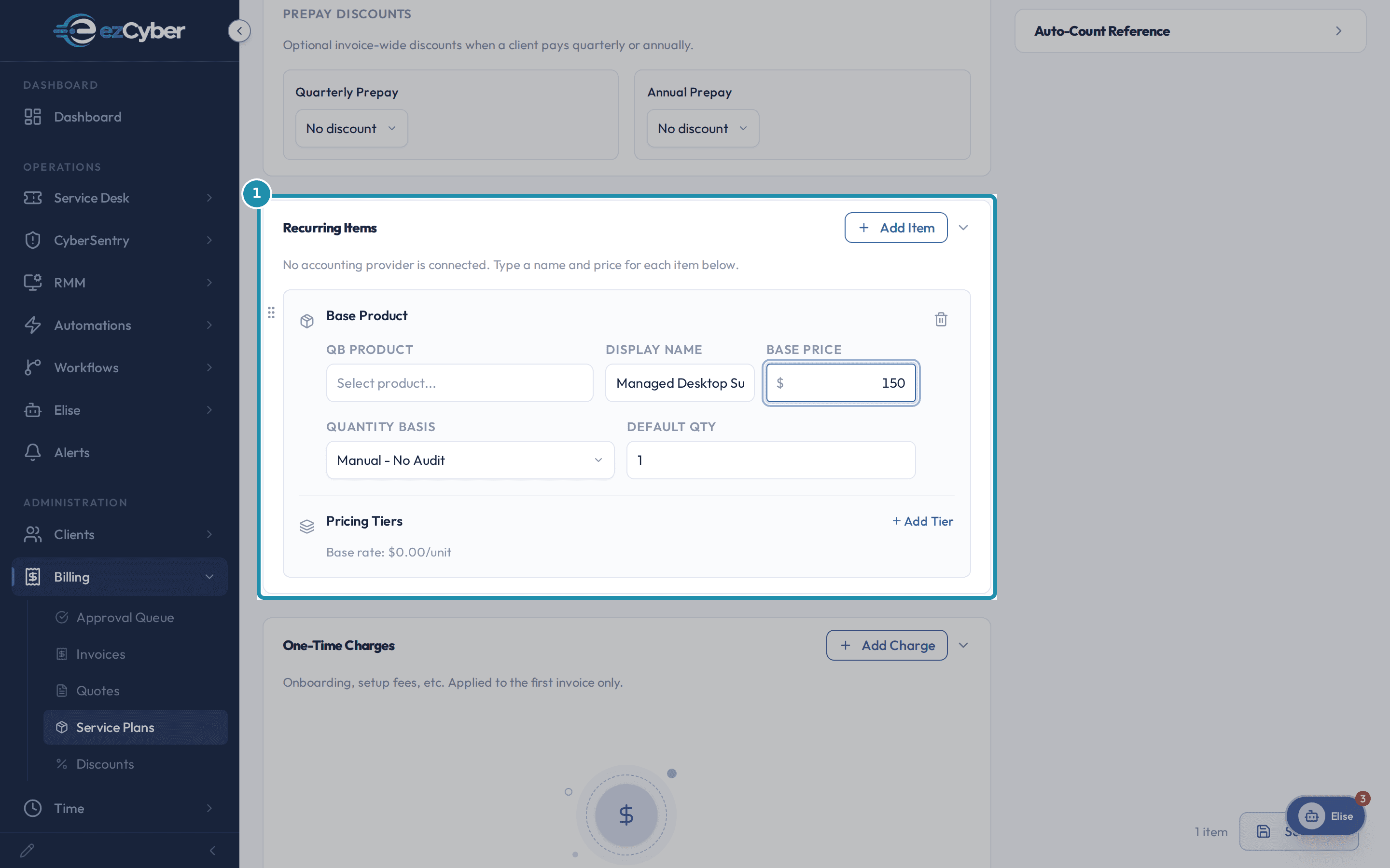 The New Plan form's Recurring Items card, with Managed Desktop Support named, priced at $150, and Quantity Basis set to Manual - No Audit.