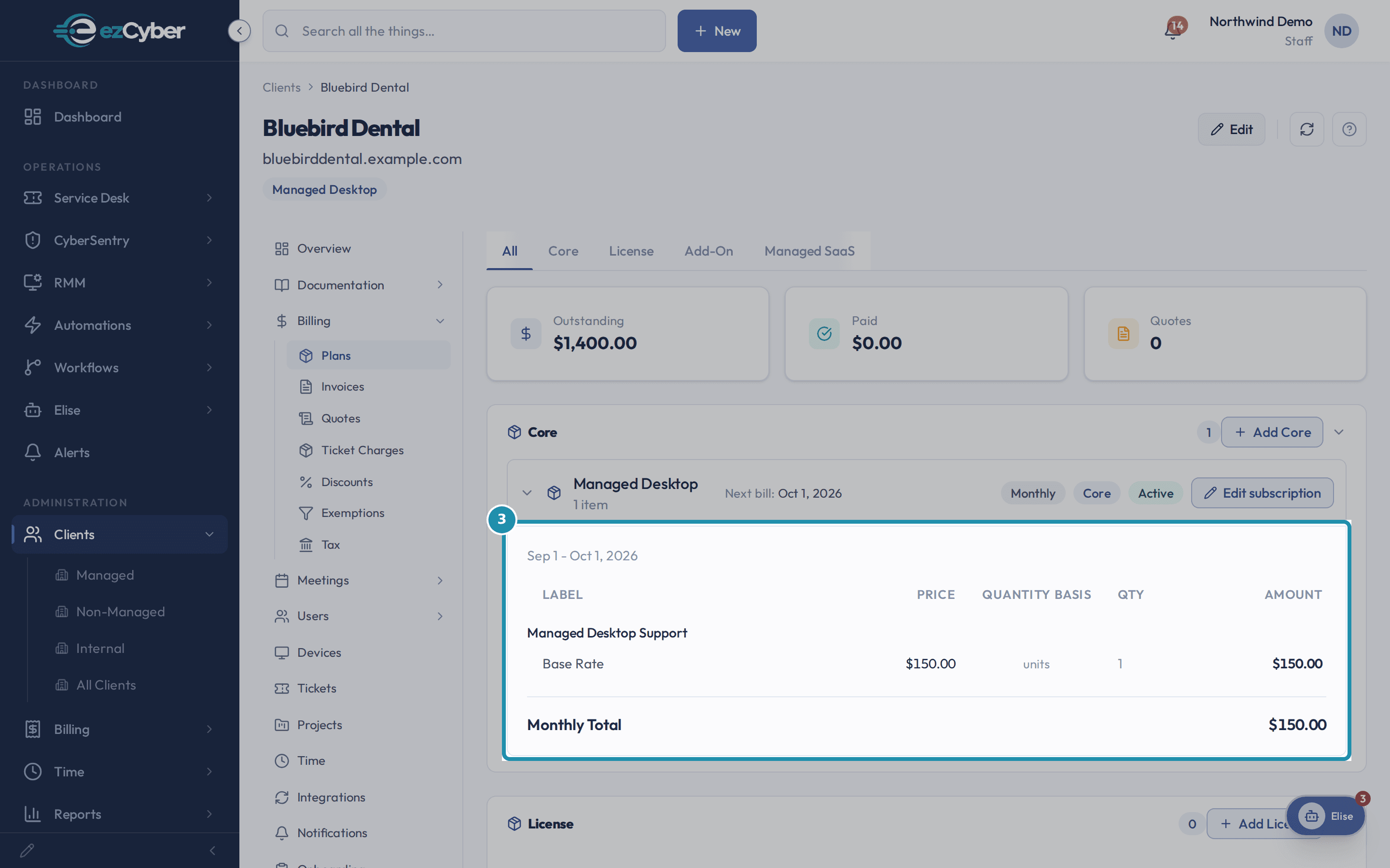 Bluebird Dental's Billing > Plans page showing the Managed Desktop subscription's Sep 1 - Oct 1, 2026 period with a $150.00 monthly total.