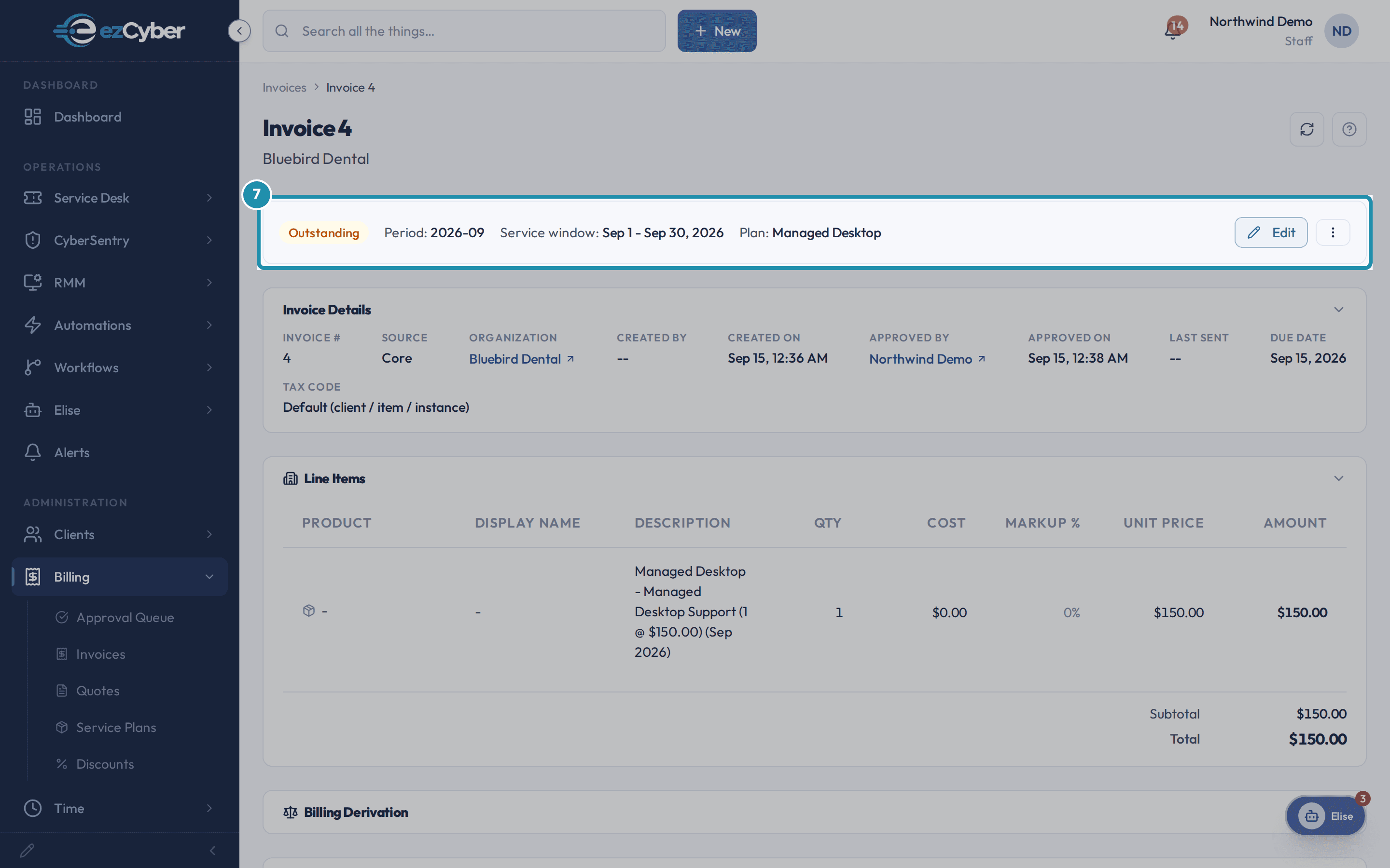 The invoice detail page after approval, now numbered Invoice 4, status Outstanding, with Approved By and Approved On filled in.