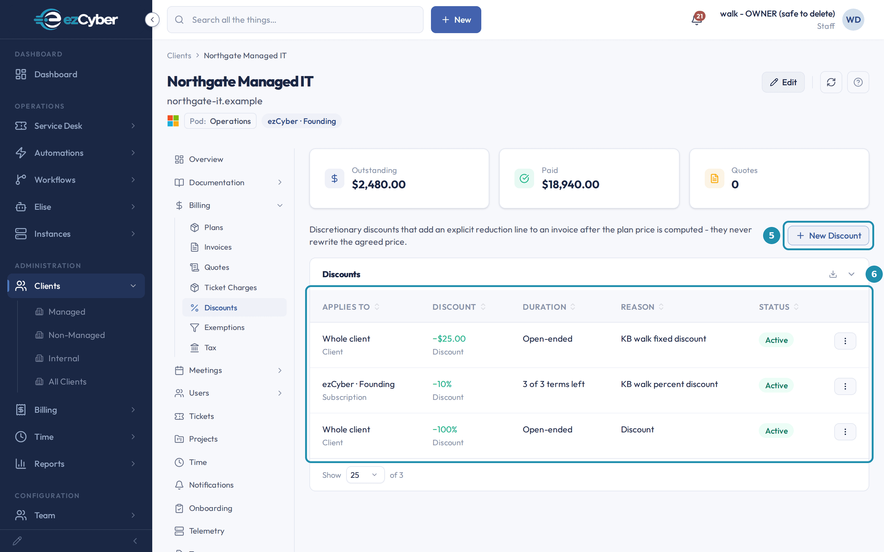 A client's Billing then Discounts page with a numbered teal badge on the New Discount button and on the rows table, each active row carrying a row menu.