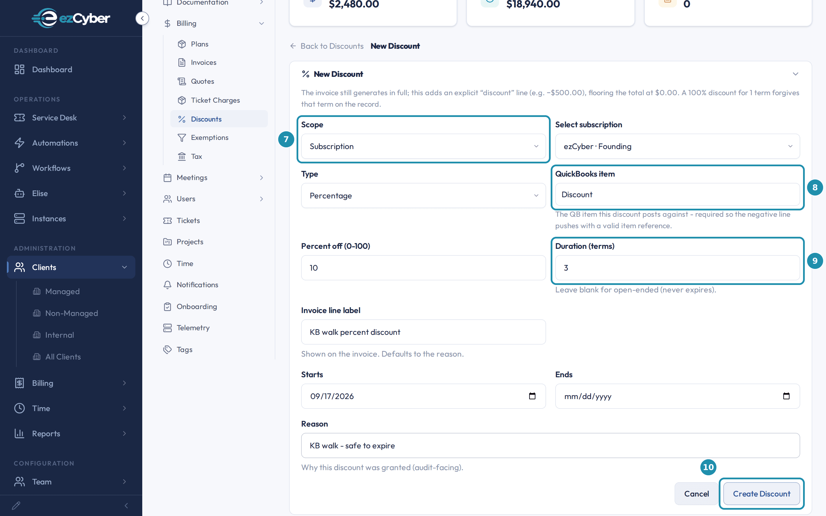 The New Discount form filled in, with numbered teal badges on Scope, the QuickBooks item, Duration in terms, and the Create Discount button.