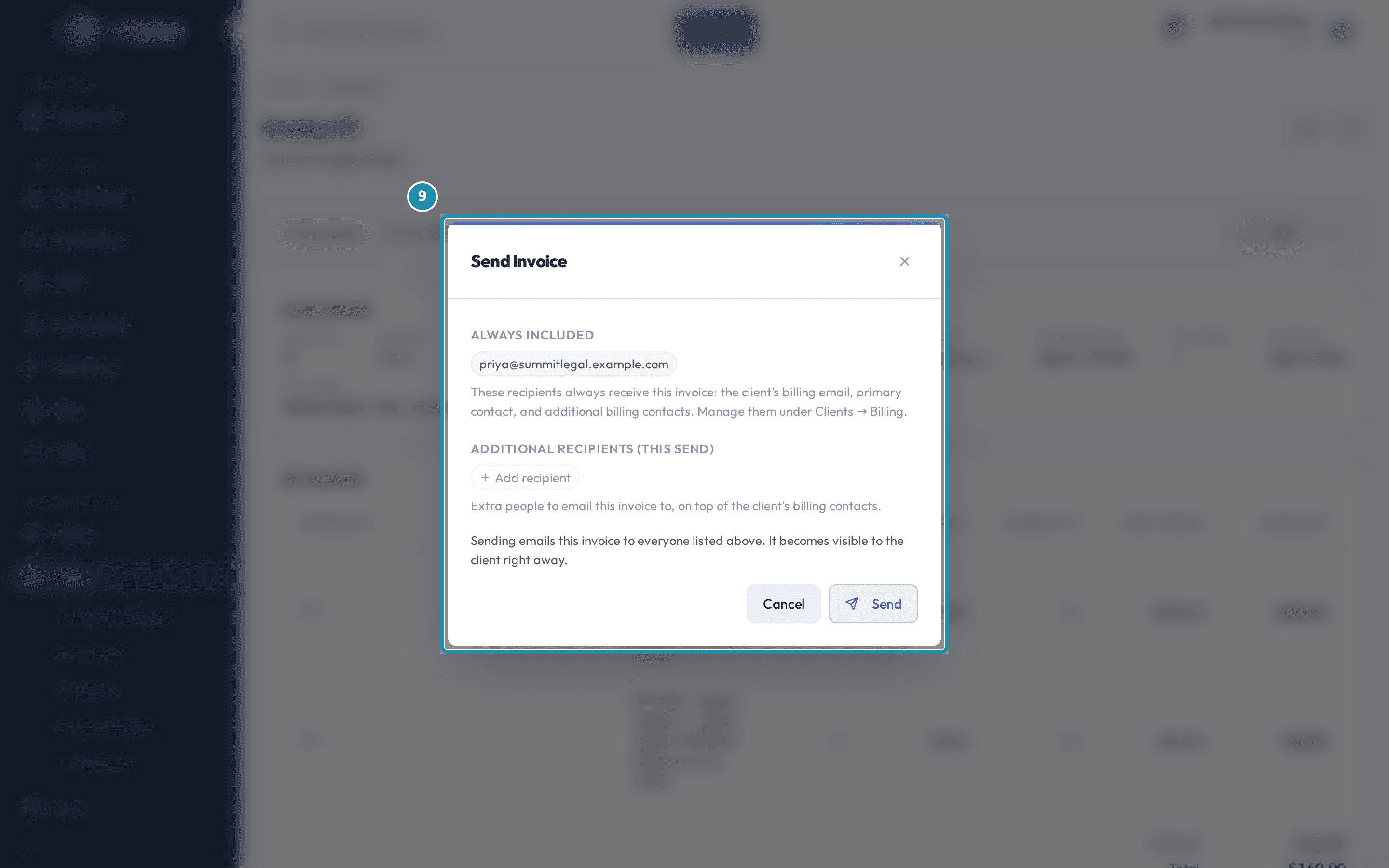 The Send Invoice dialog listing priya@summitlegal.example.com under Always Included and an Add recipient control under Additional Recipients.