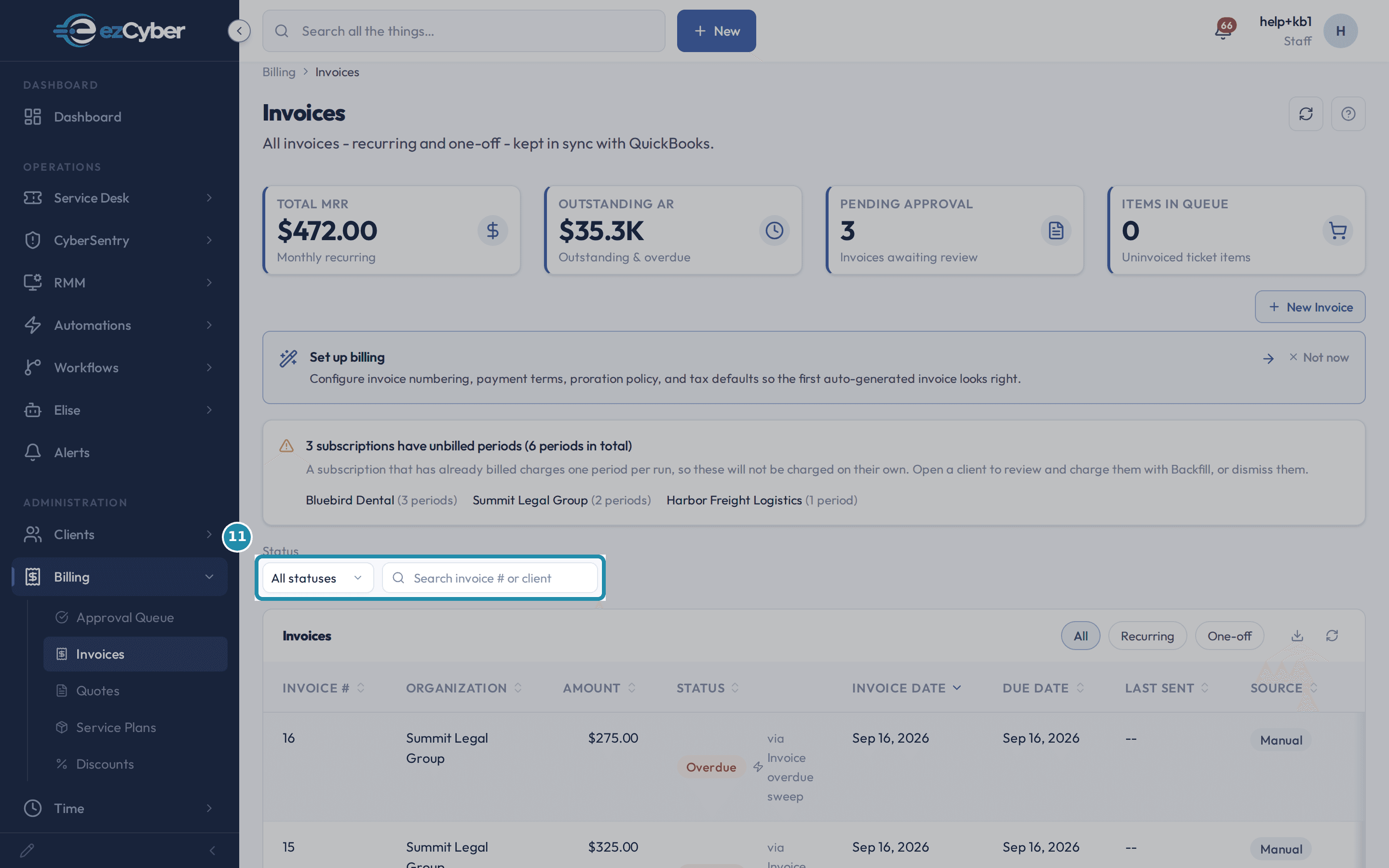 The Invoices page's Status dropdown set to All statuses beside a Search invoice # or client box, above a notice reading 3 subscriptions have unbilled periods and an Overdue row carrying a via Invoice overdue sweep chip.