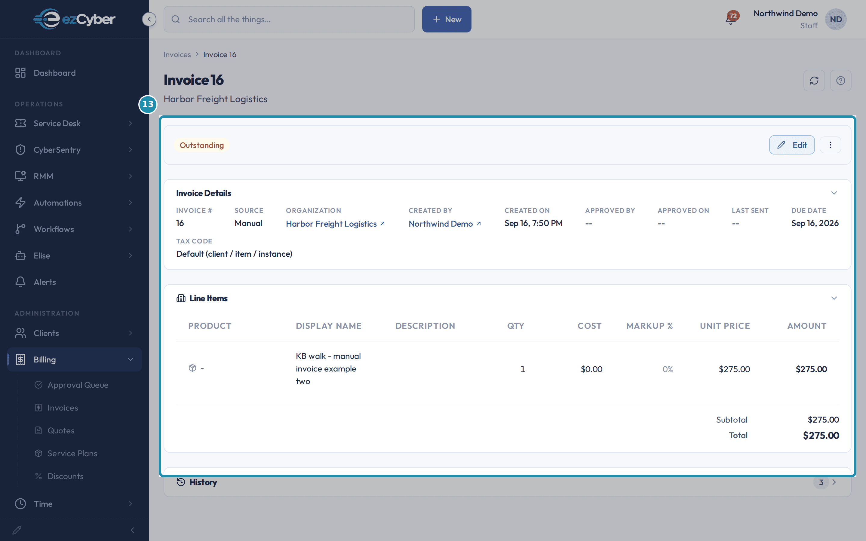Invoice 16's Outstanding banner and Line Items table showing one line, KB walk - manual invoice example two, at $275.00, matching the Total.