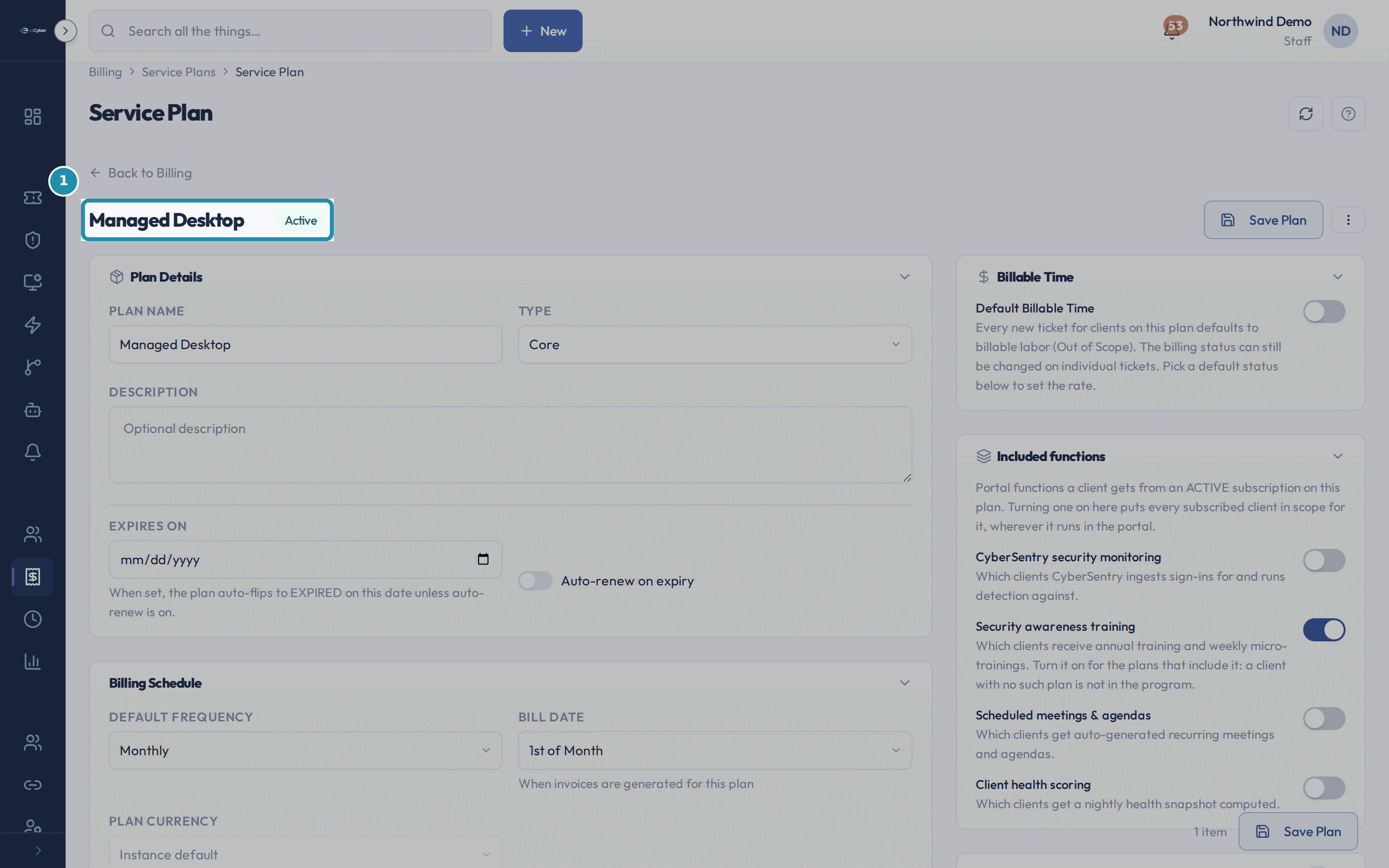 The Managed Desktop service plan's detail page header, showing its name and an Active status badge.