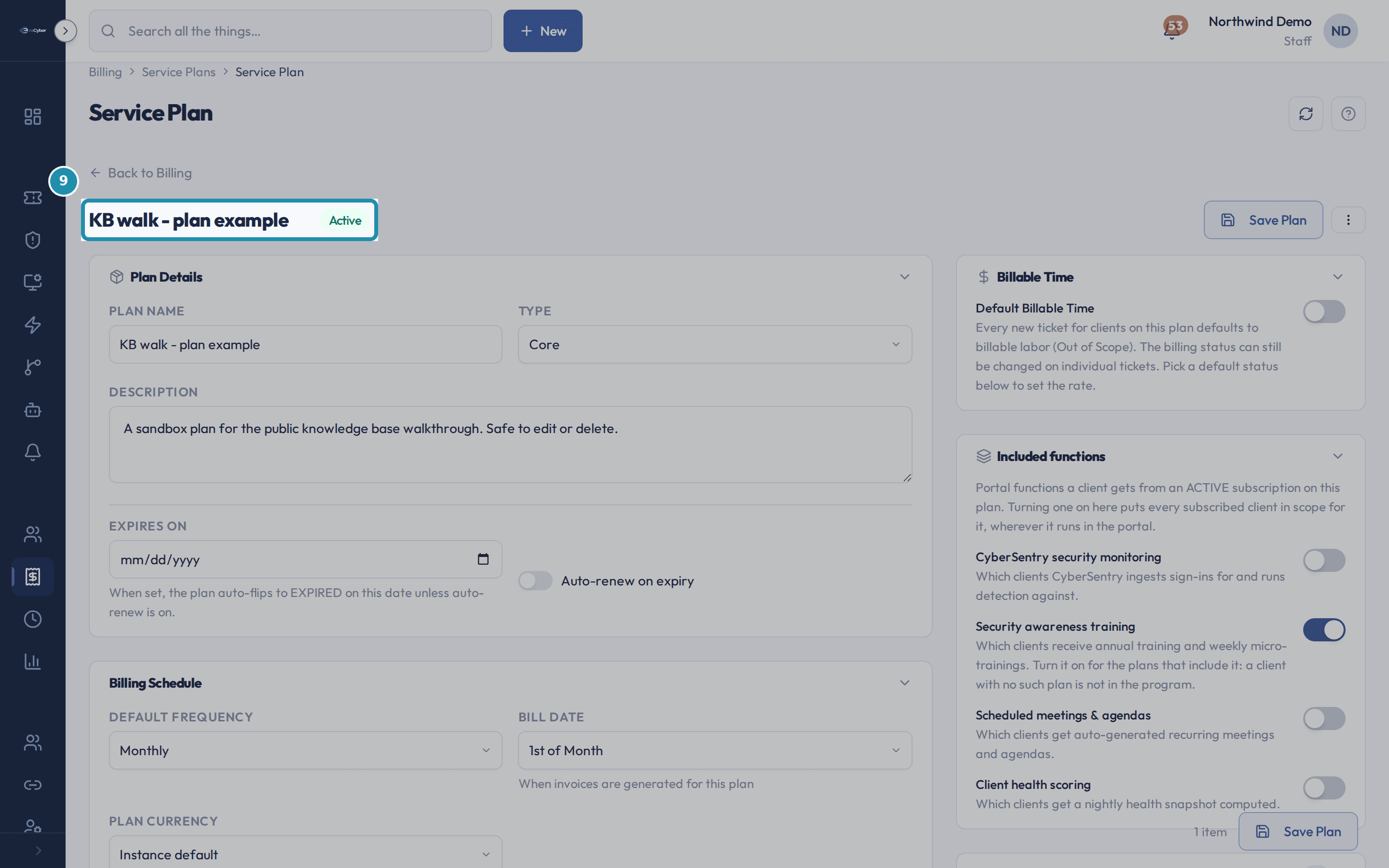 The duplicated plan's detail page header, renamed to KB walk - plan example, still Active.