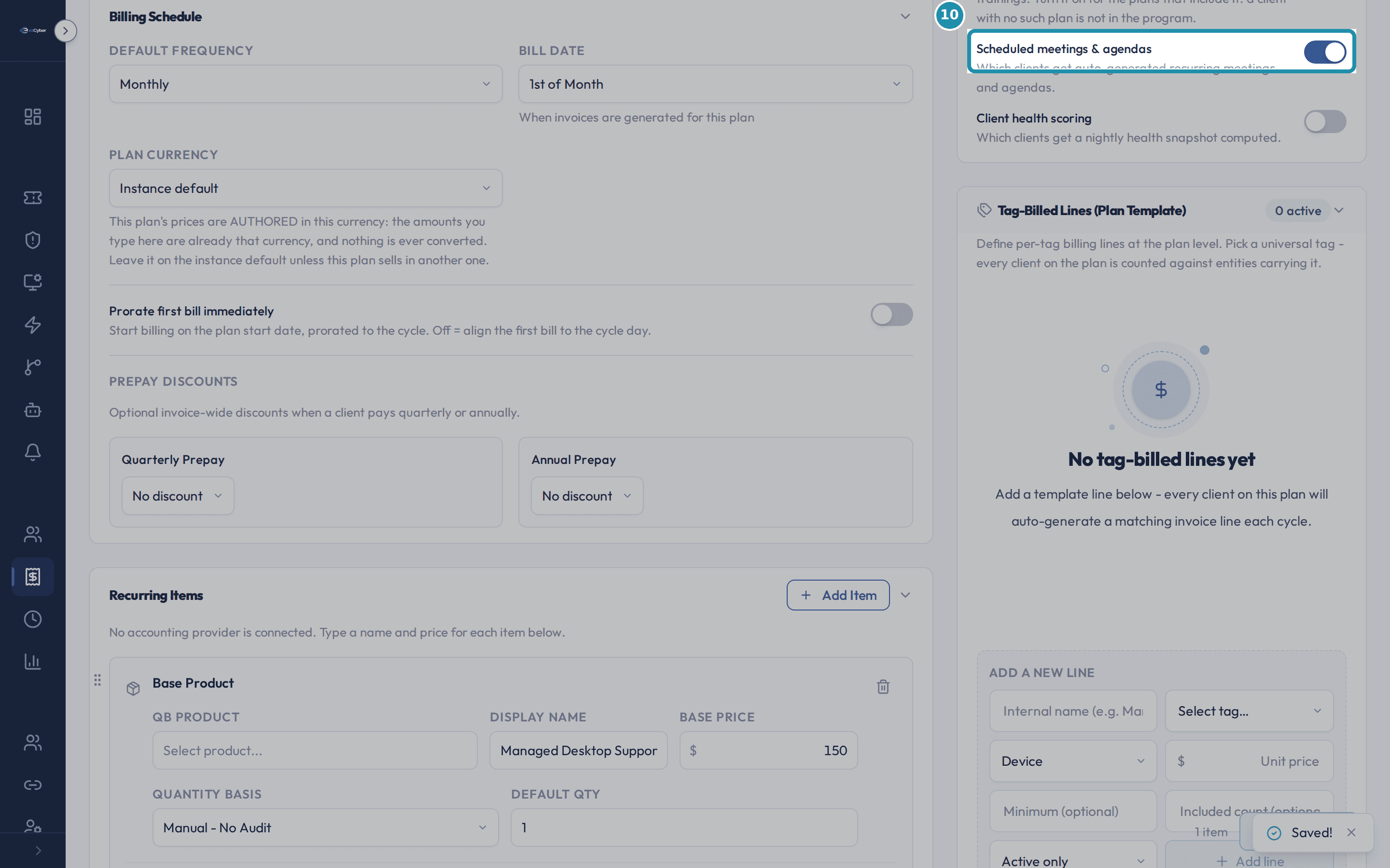 The Included functions card on the copy, with Scheduled meetings & agendas now turned on and a Saved confirmation showing in the corner.