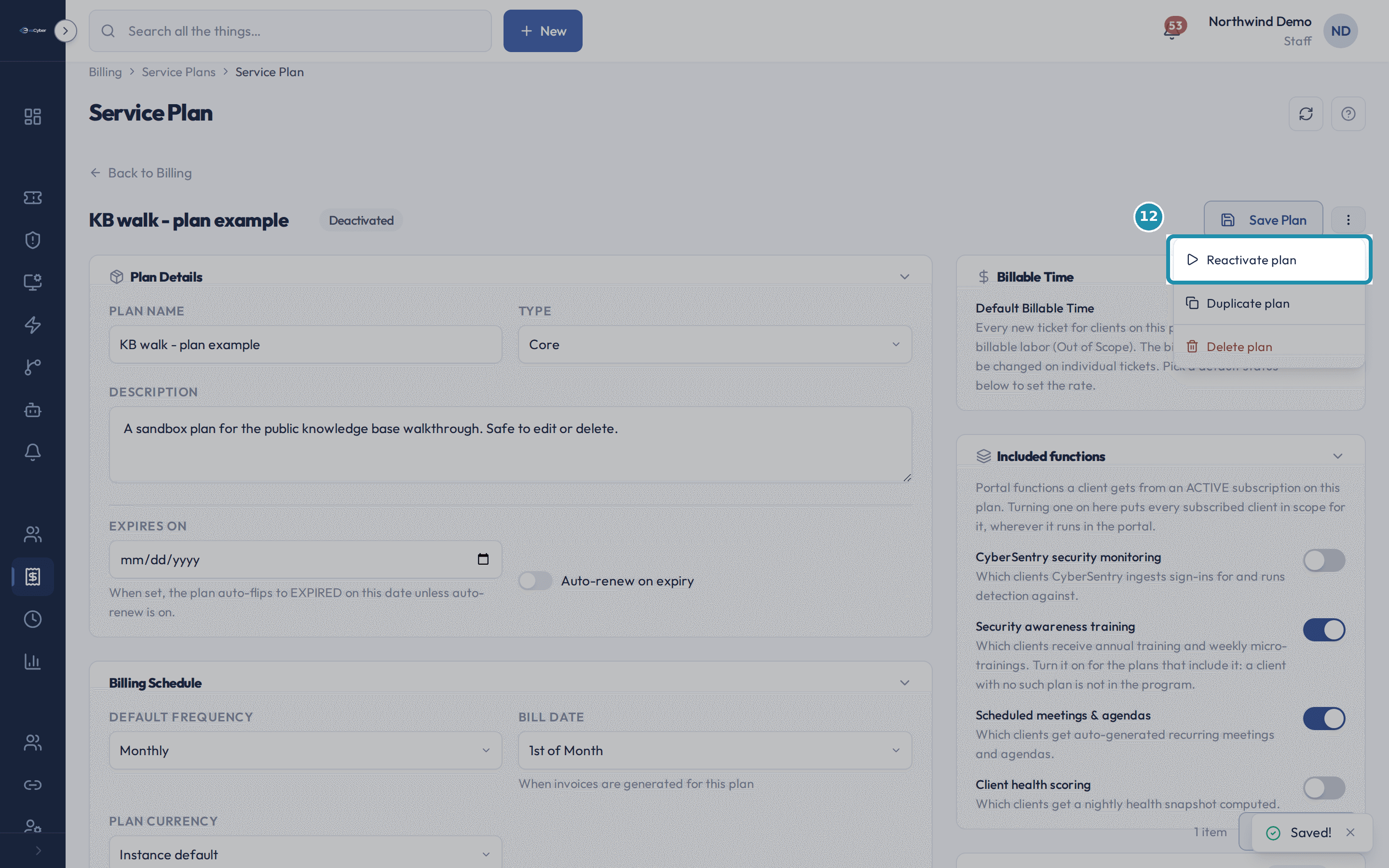 The renamed plan's detail page showing a Deactivated status badge and an open actions menu offering Reactivate plan, Duplicate plan, and Delete plan.