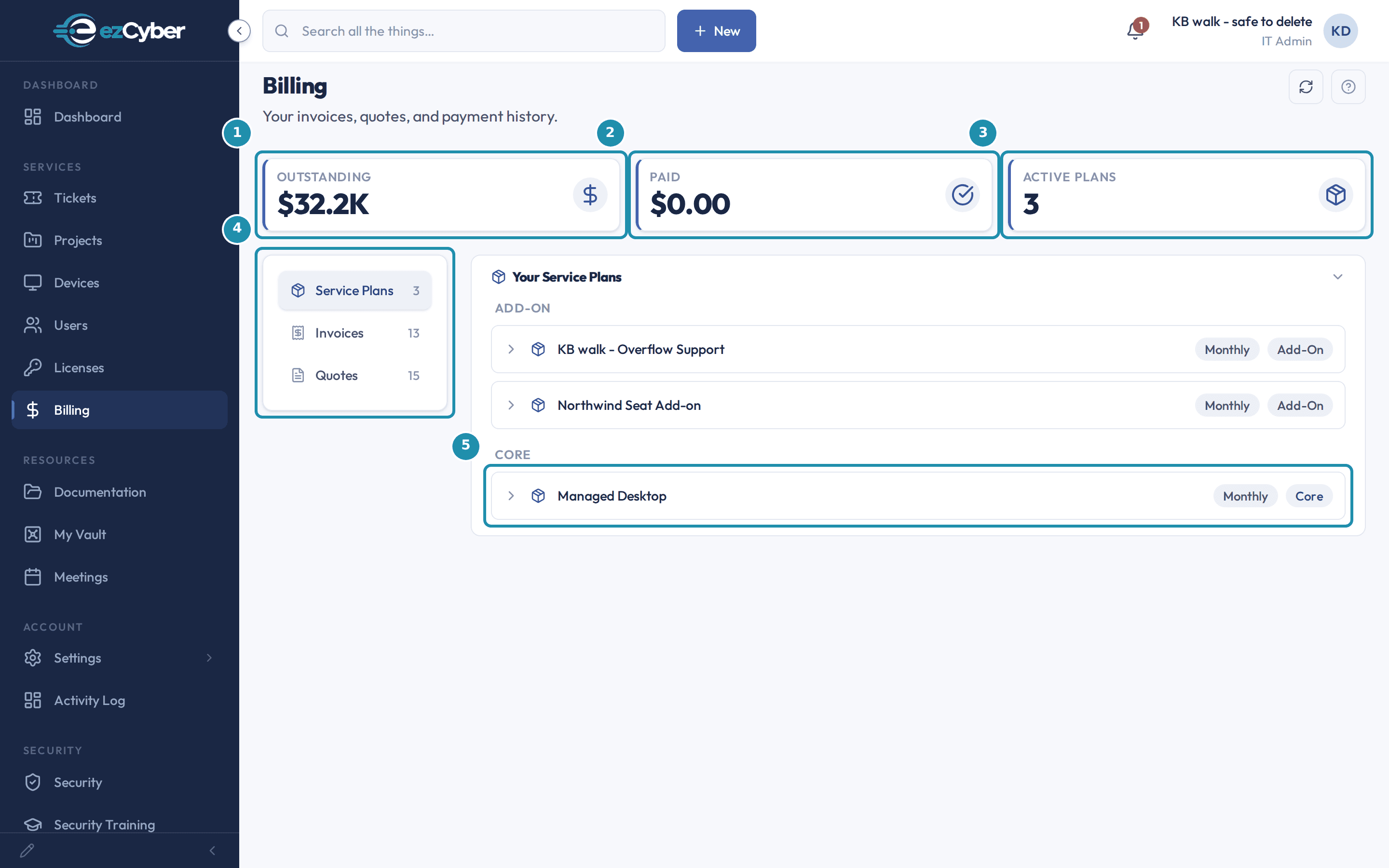 The client portal Billing page with five regions called out: the Outstanding, Paid and Active Plans totals, the Service Plans, Invoices and Quotes tabs, and one service plan card.