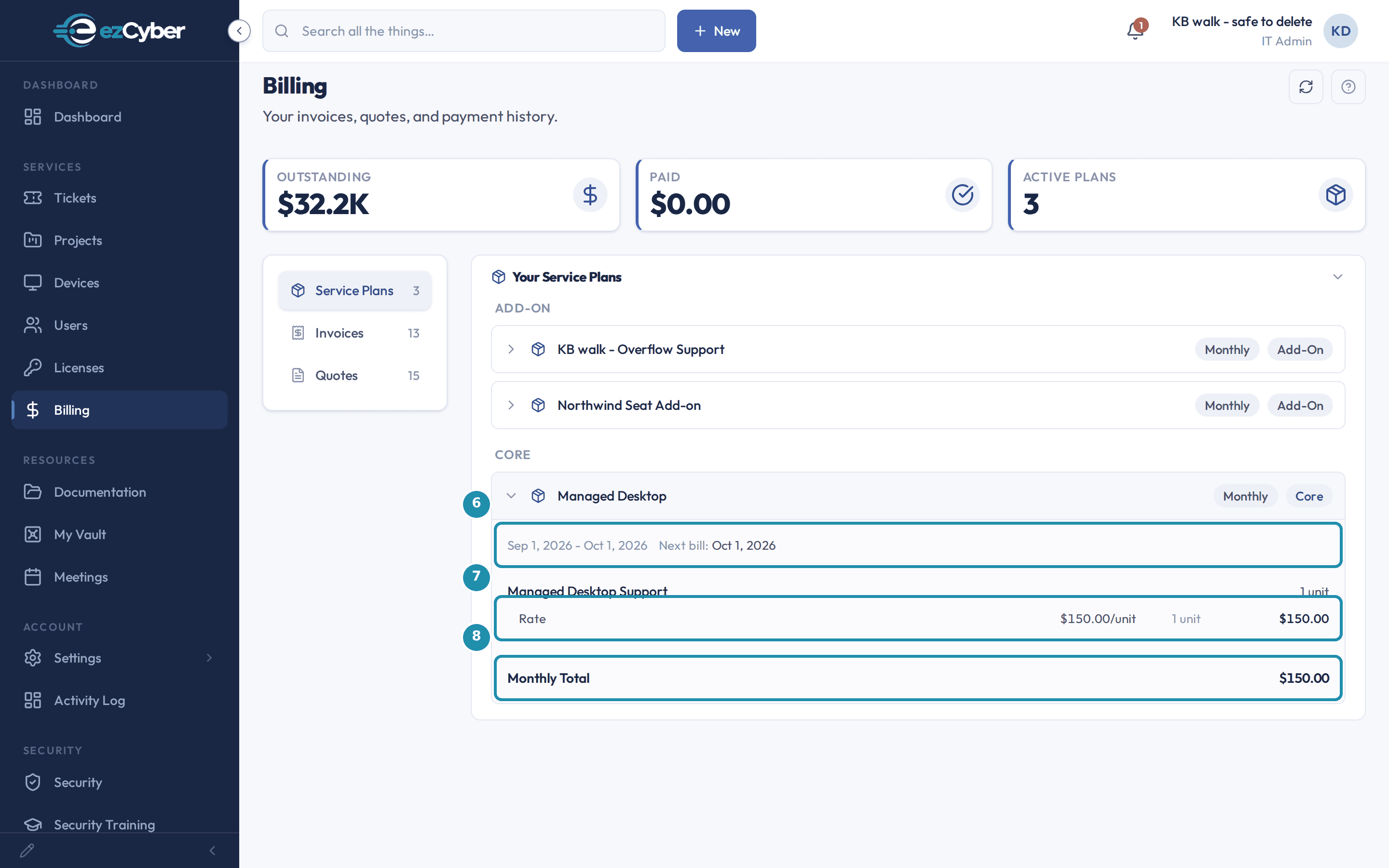 A Core service plan expanded with three regions called out: the billing period and next bill date, the priced lines, and the monthly total.