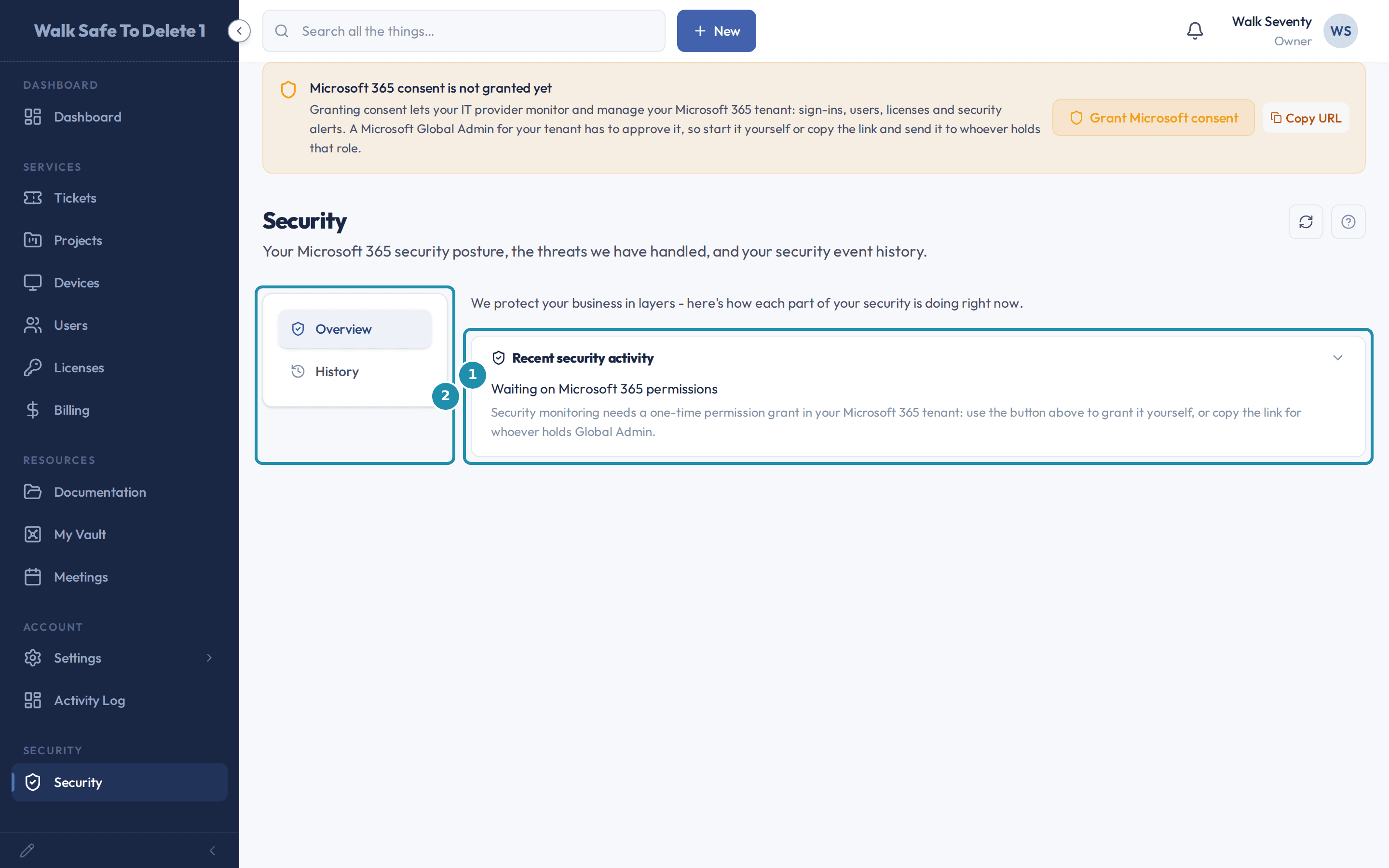 The client Security page with two regions called out: the Overview and History tabs, and the Recent security activity card explaining that Microsoft 365 monitoring is not turned on yet for this account.