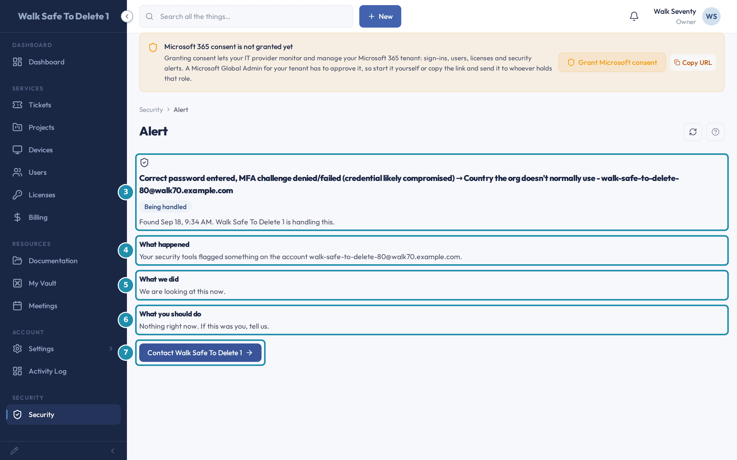 One security alert opened in the client portal with five regions called out: the alert's name and status, What happened, What we did, What you should do, and the Contact button.