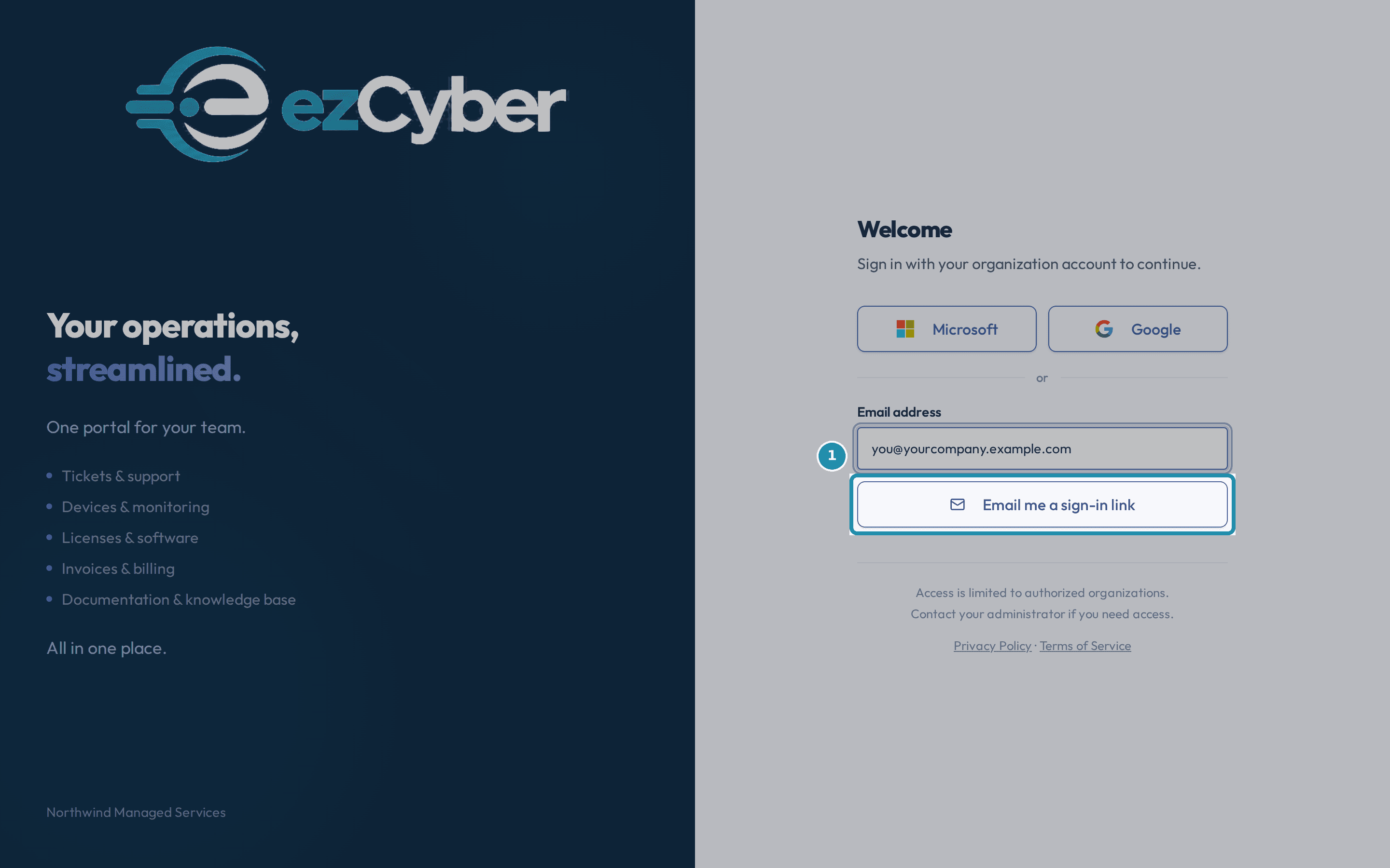 The client portal sign-in page with an email address typed into the Email address field and the Email me a sign-in link button called out, with Microsoft and Google buttons above.