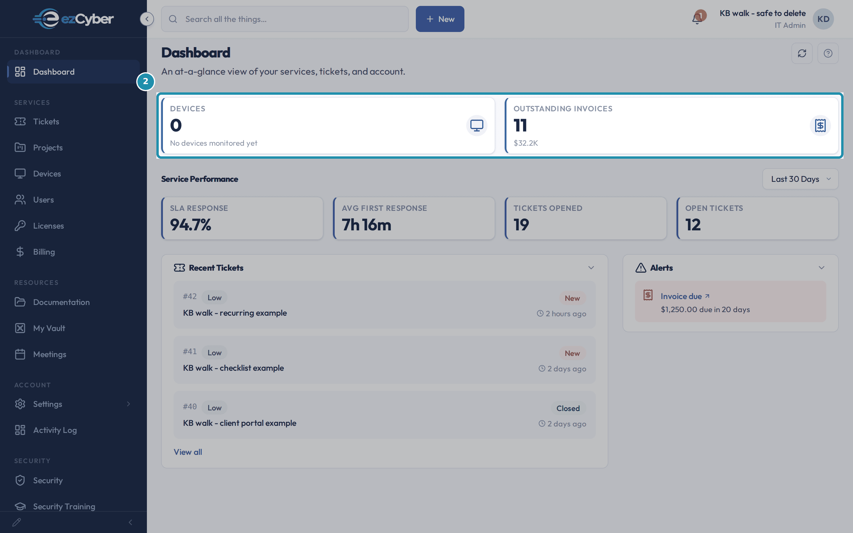 The client portal Dashboard with the Devices and Outstanding Invoices stat cards called out, above Service Performance and the open ticket list.