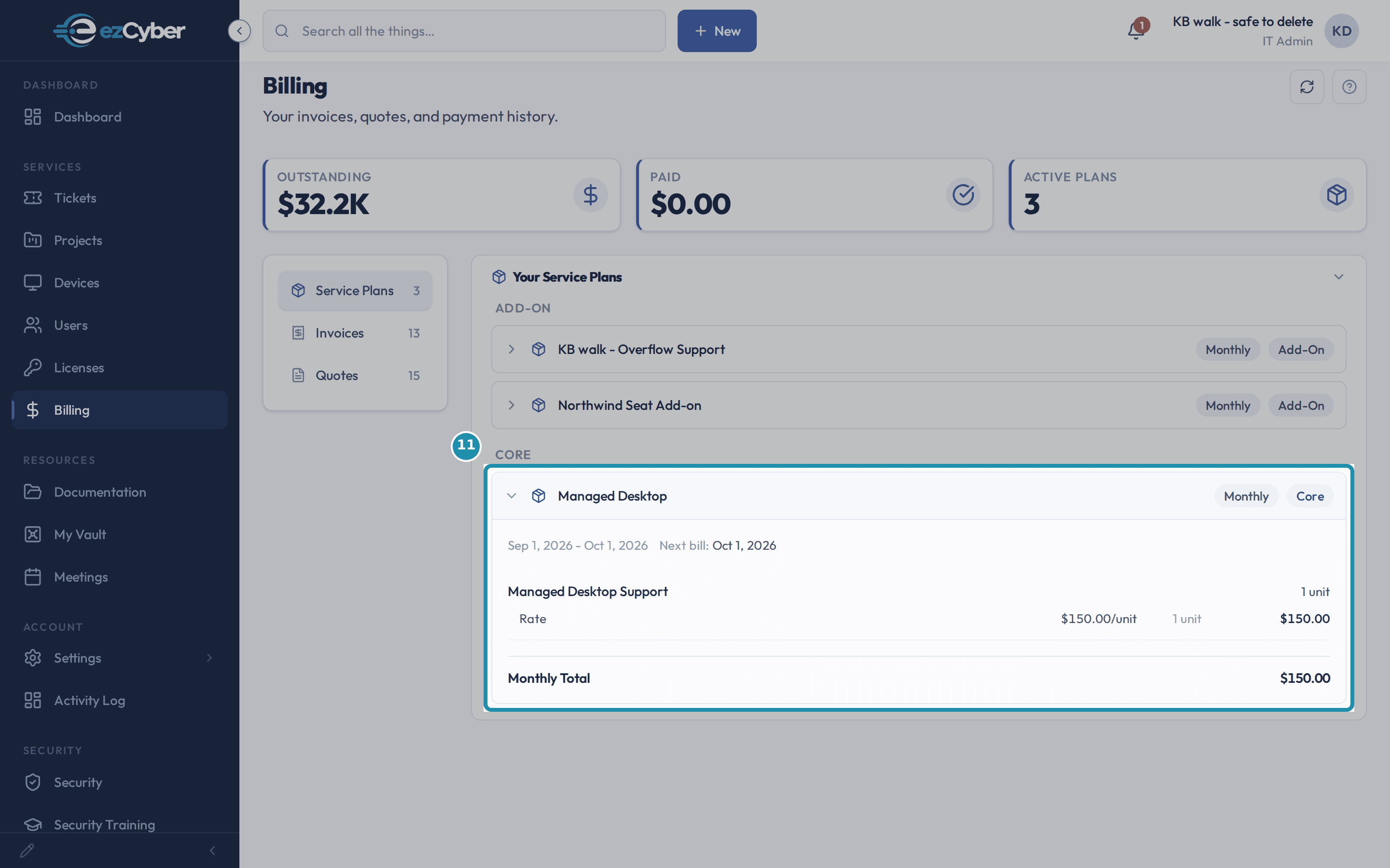 The Core service plan expanded on the client Billing page, called out, showing the billing period, Next bill date, the rate per unit and the Monthly Total.
