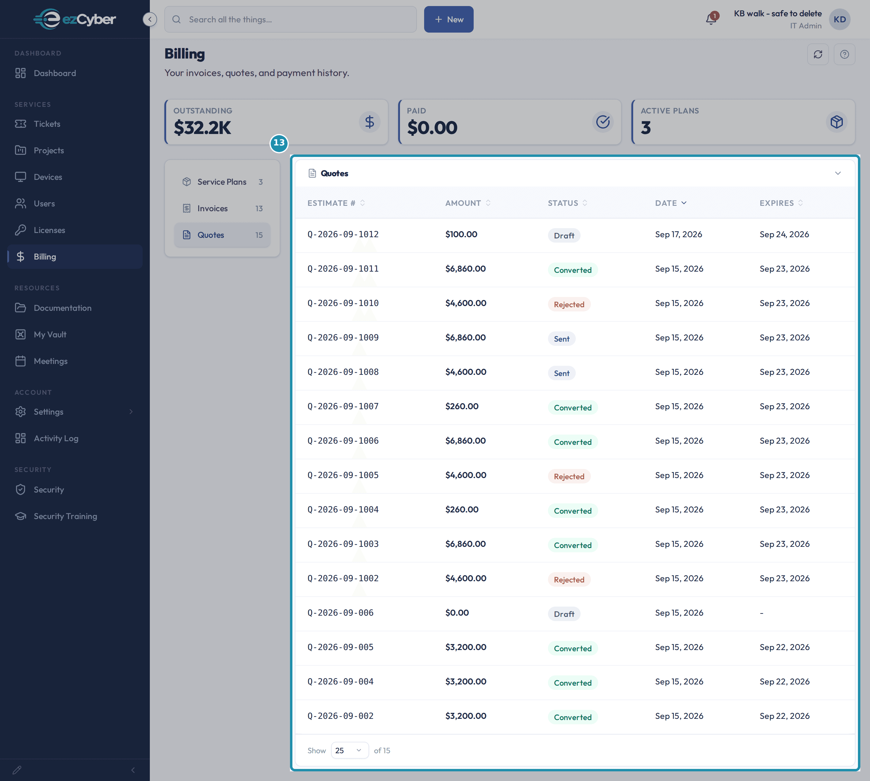 The Quotes tab on the client Billing page with the quote list called out, showing estimate numbers, amounts, statuses such as Draft, Sent, Converted and Rejected, and expiry dates.