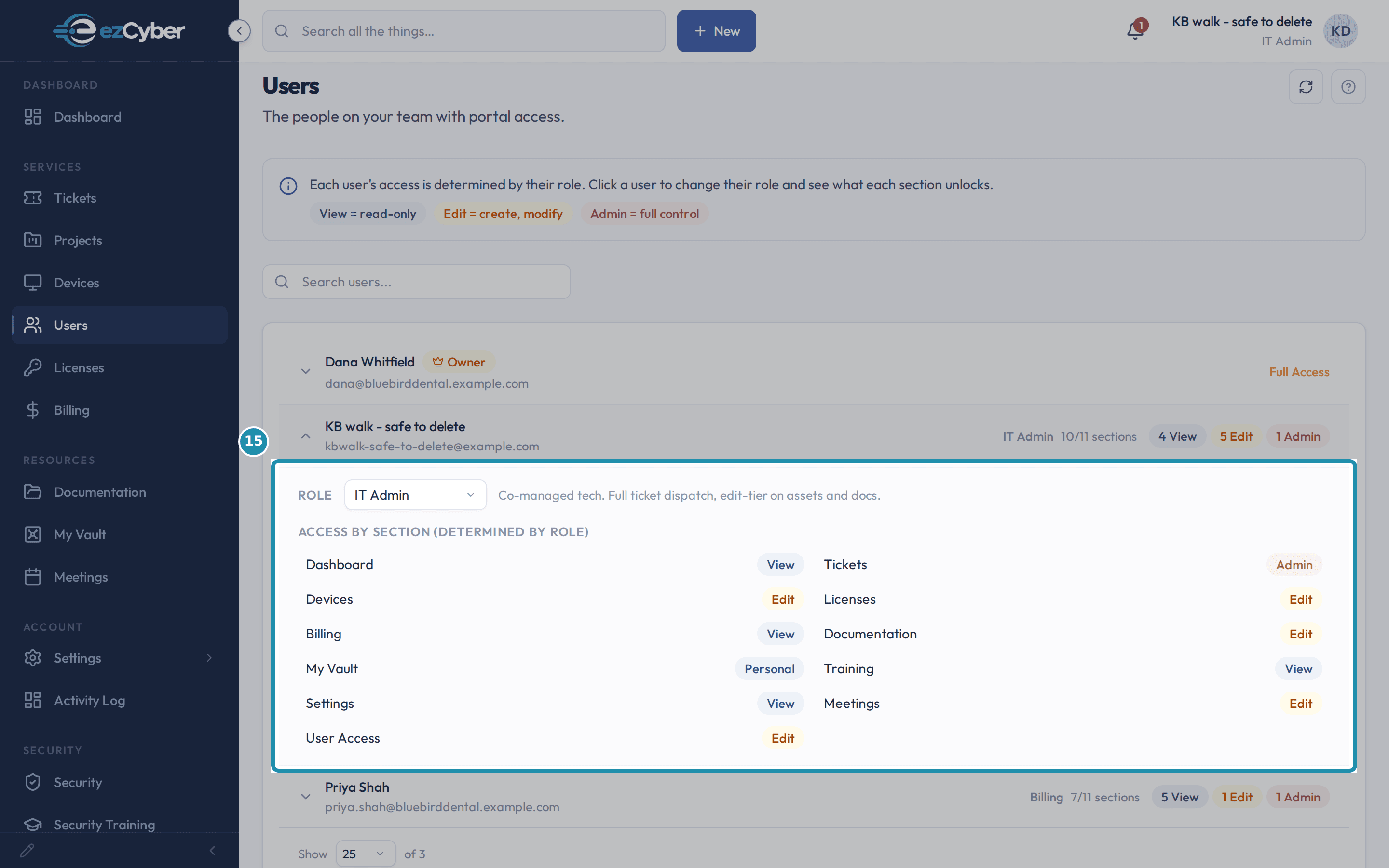 A user expanded on the client Users page, called out, showing the Role picker set to IT Admin and the Access by section grid with View, Edit, Admin and Personal against each section.