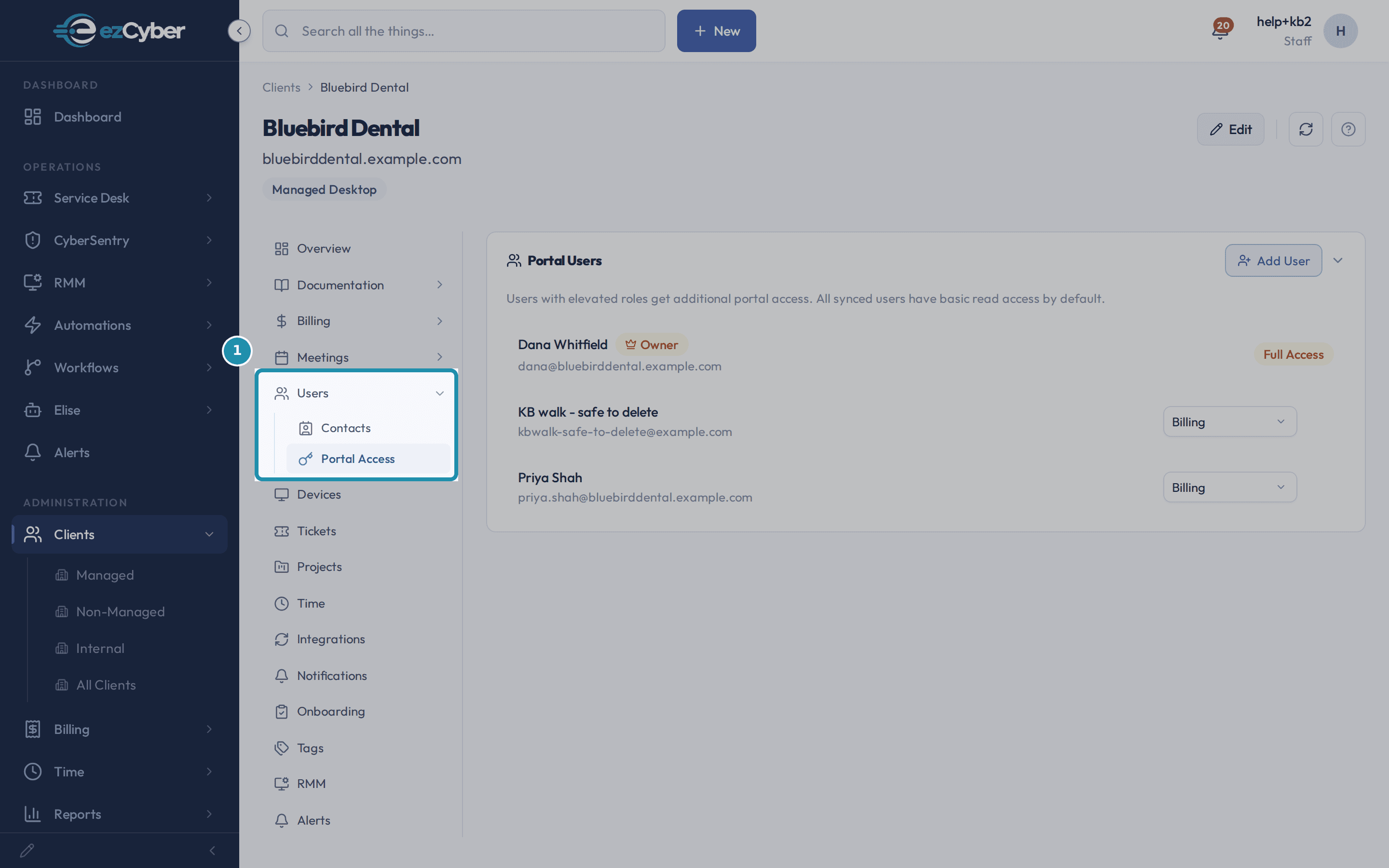 Bluebird Dental's left-hand client menu with the Users section expanded and its Portal Access sub-tab highlighted, currently open.
