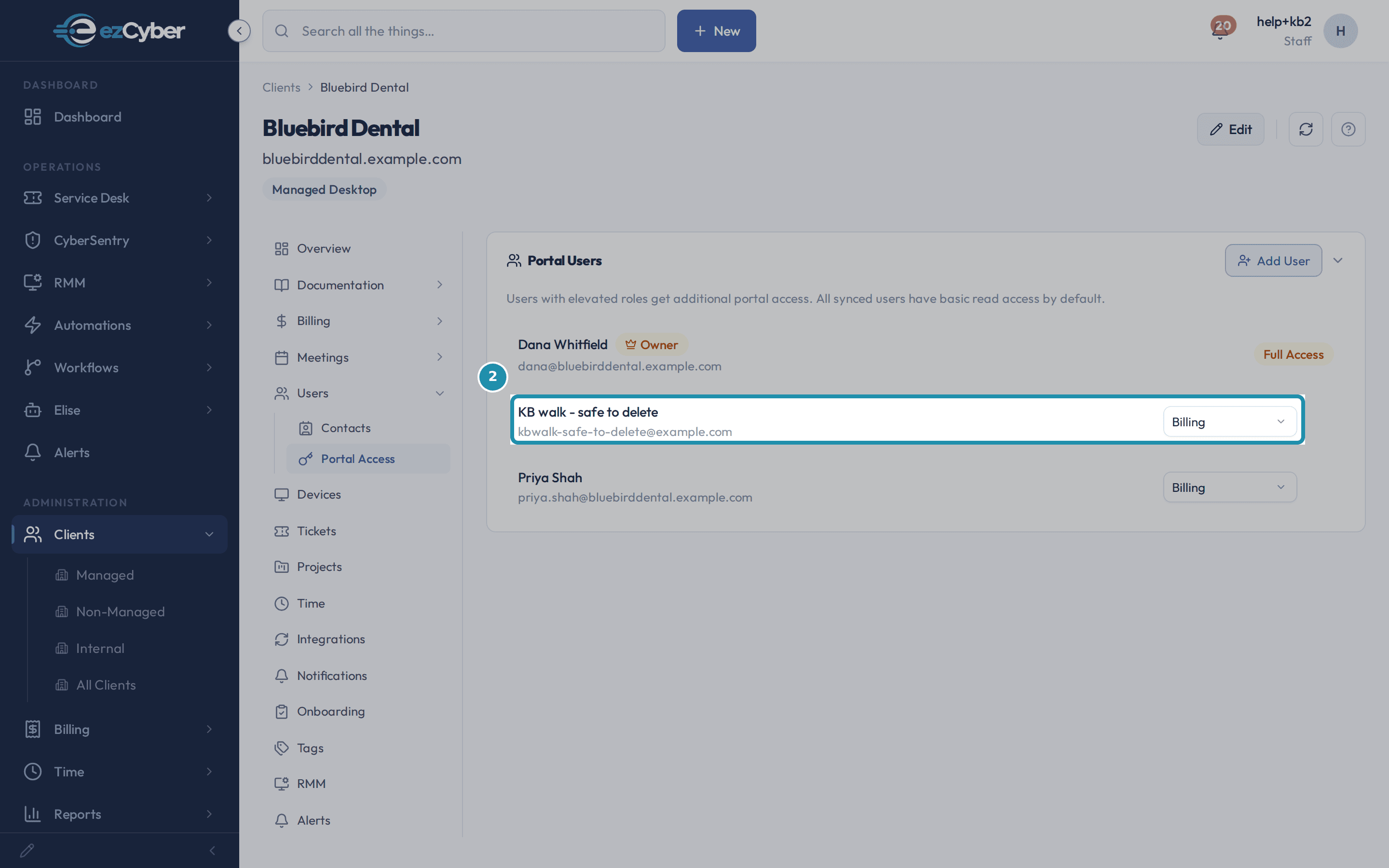 The Portal Users panel on Bluebird Dental, with a box around the KB walk - safe to delete row and its role dropdown reading Billing.