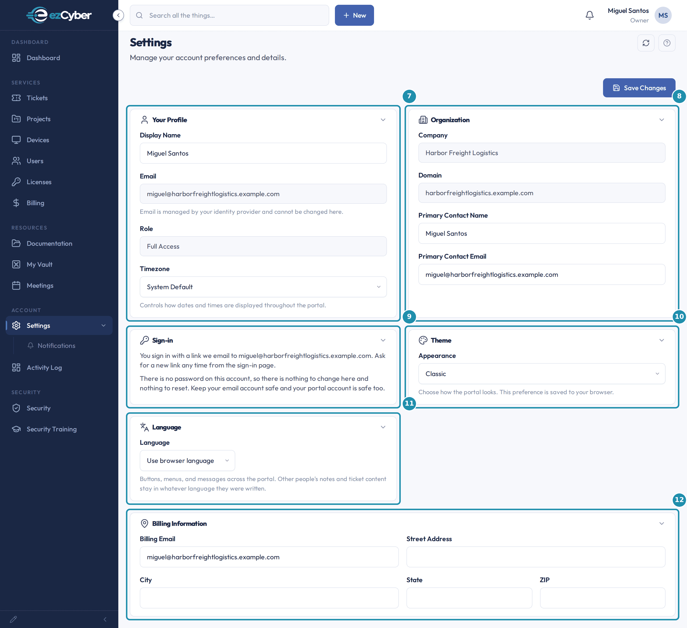 A client contact's Settings page, with a numbered teal badge and box outline on the Your Profile, Organization, Sign-in, Theme, Language, and Billing Information cards.
