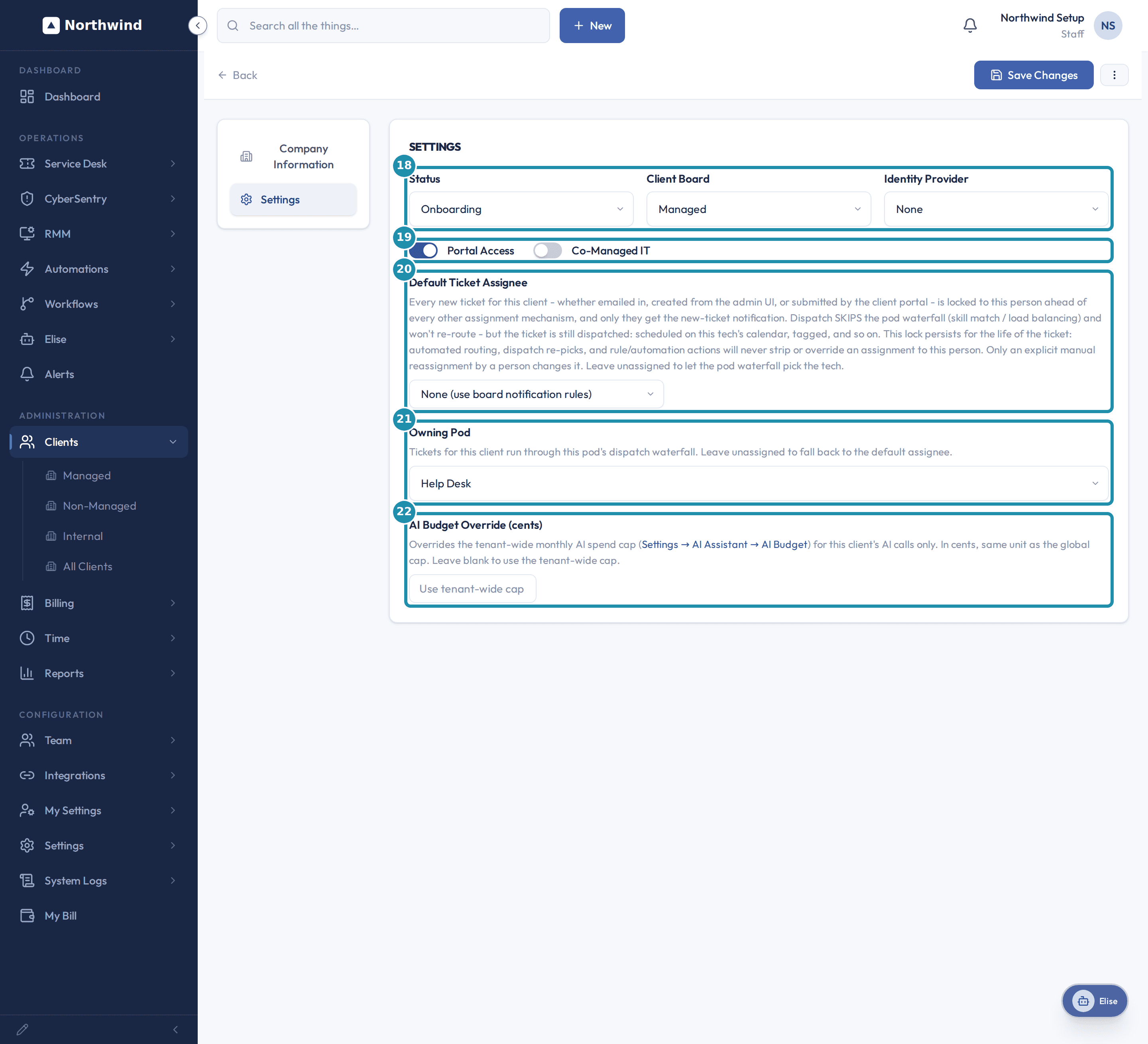 The Bluebird Dental client's Edit > Settings screen, with a numbered teal badge and box on the Status, Client Board and Identity Provider row, the Portal Access and Co-Managed IT toggles, Default Ticket Assignee, Owning Pod, and AI Budget Override.