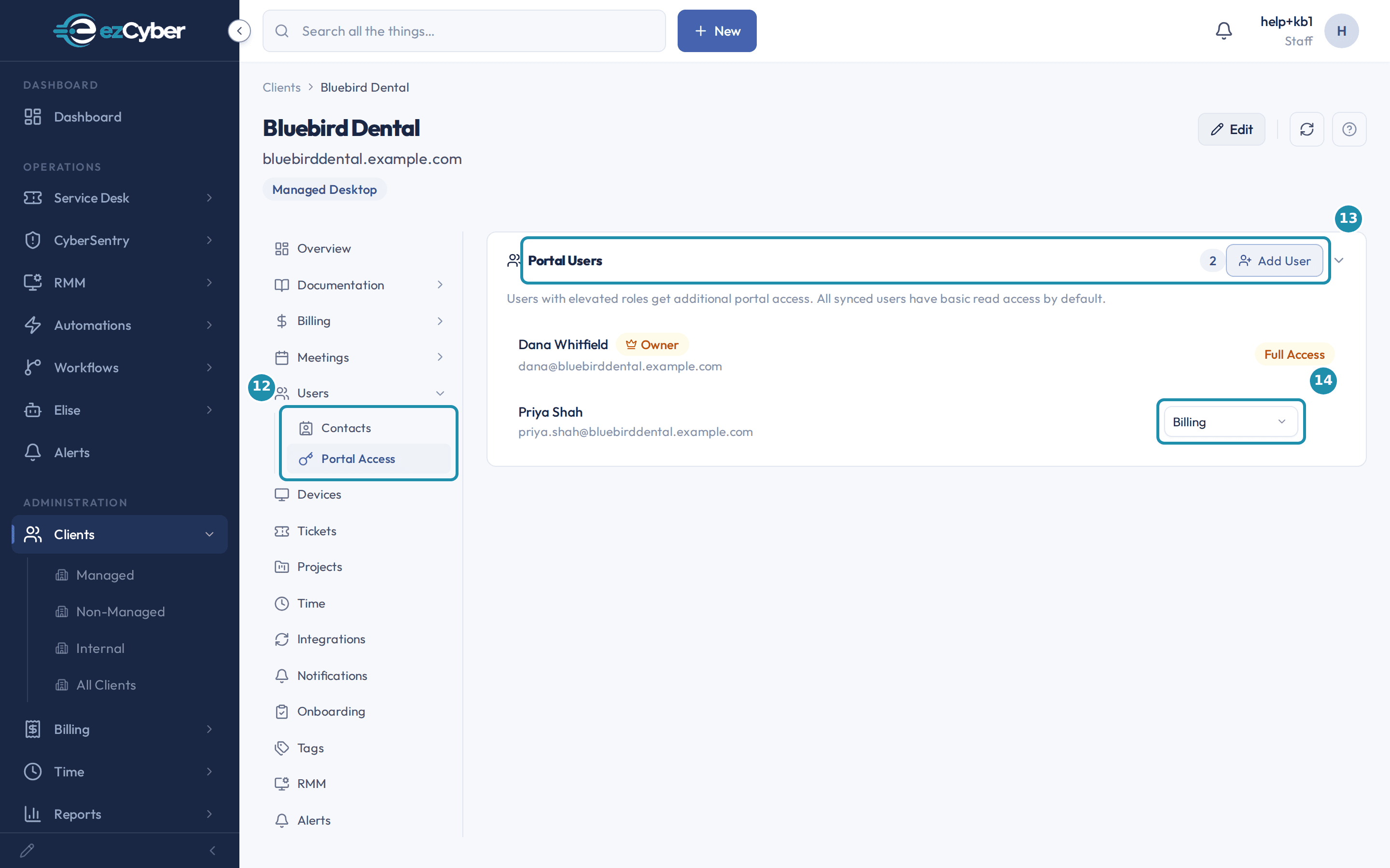 The Bluebird Dental client's Users > Portal Access screen, with a numbered teal badge and box on the Contacts and Portal Access sub-tabs, the Portal Users panel, and Priya Shah's role dropdown.