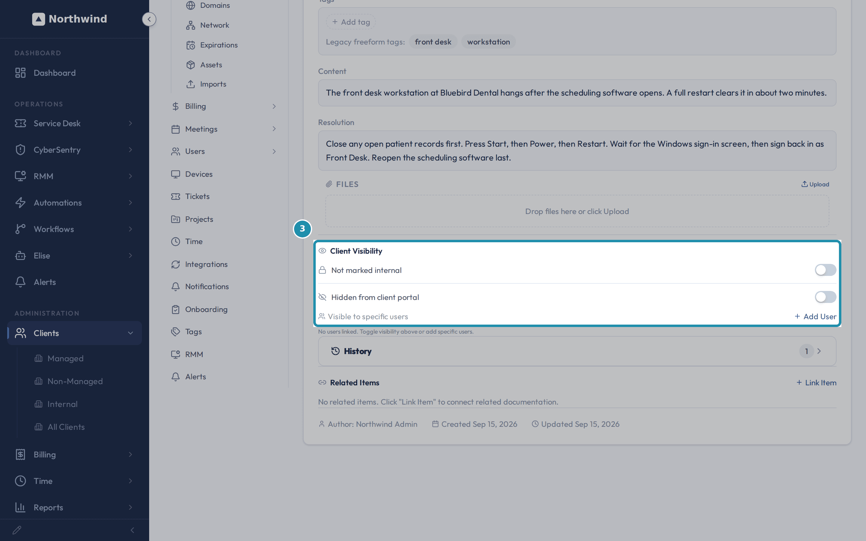 The Client Visibility panel on the saved article, showing the Not marked internal toggle off, the Hidden from client portal toggle off, and Visible to specific users with an Add User button and no users linked.