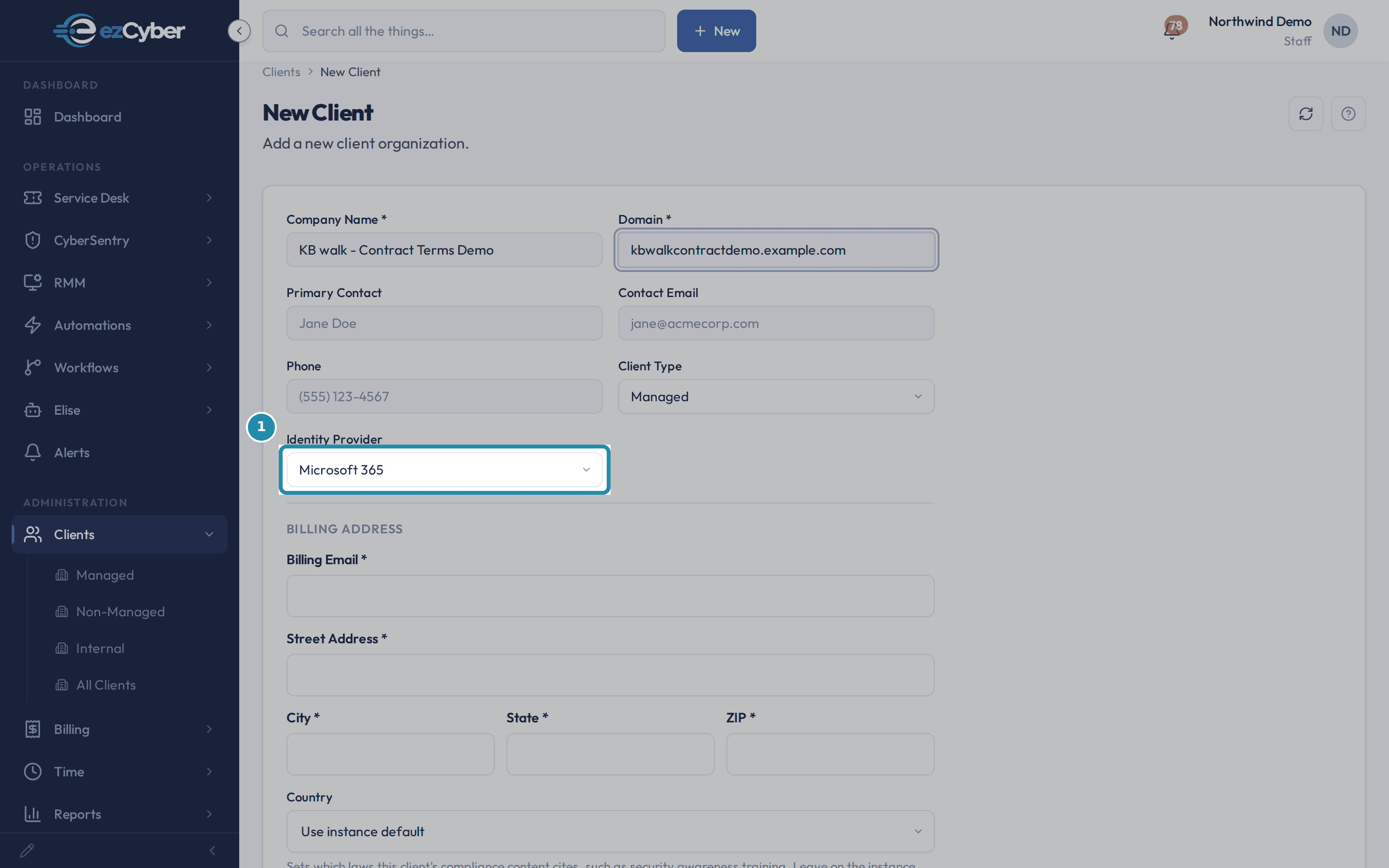 The New Client form with the Identity Provider field, set to Microsoft 365, called out.