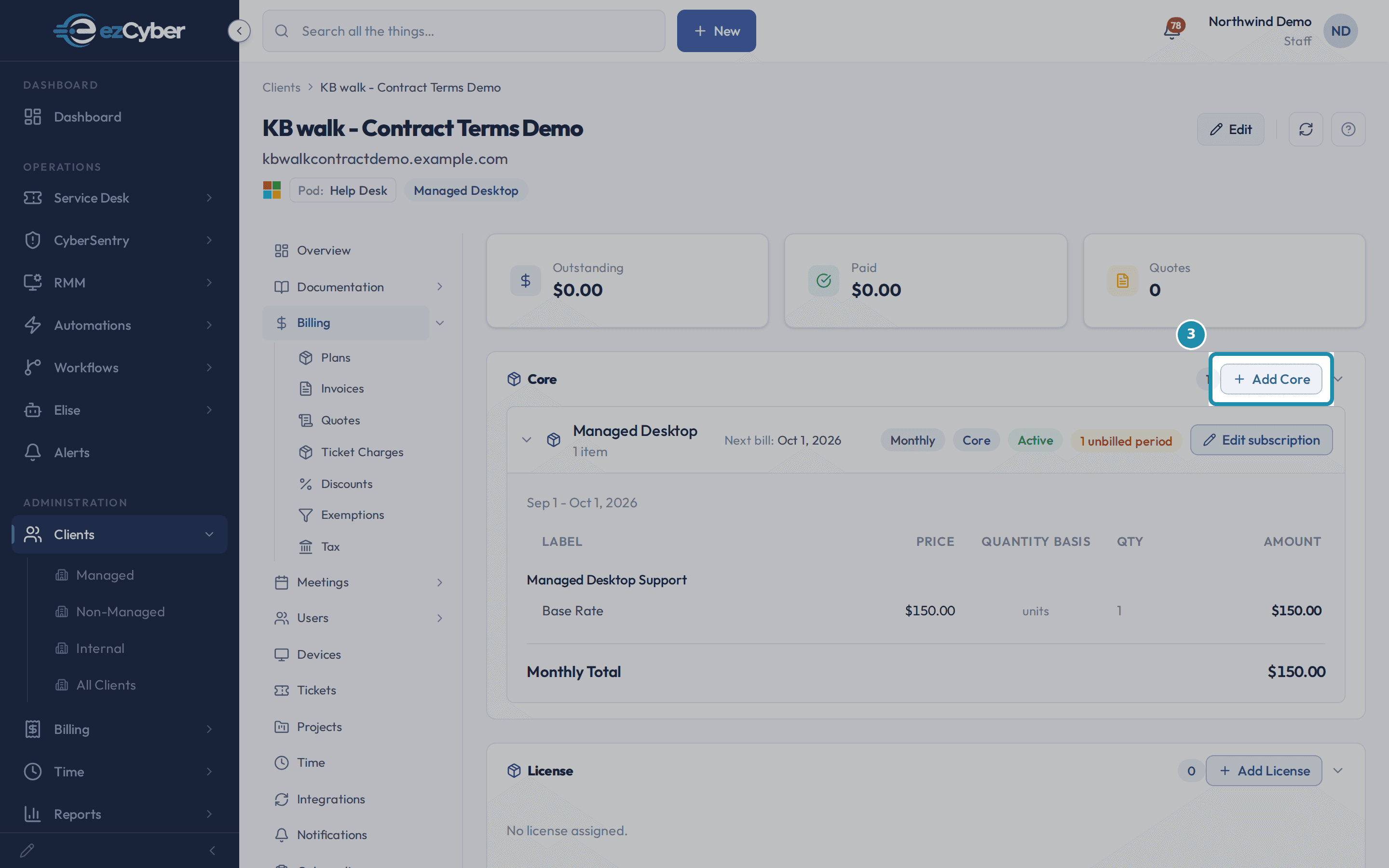 The client Billing tab with the Add Core button called out beside its one assigned core plan.
