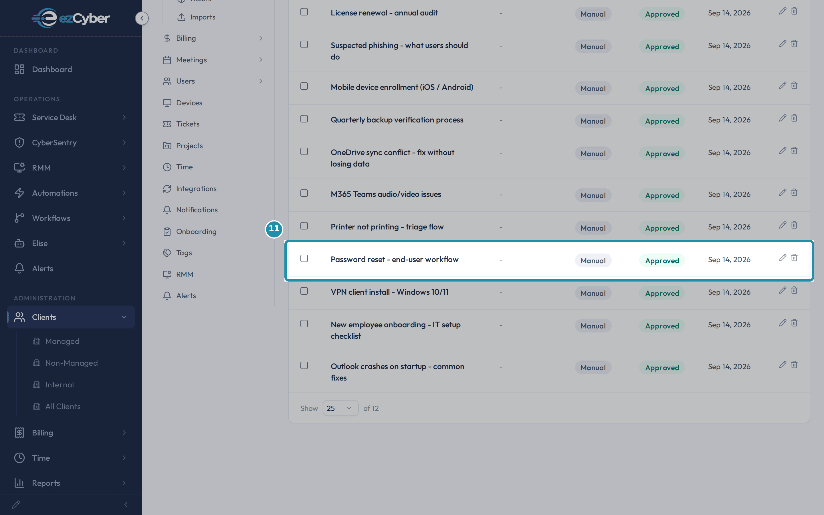 The internal company client's Knowledge Base list with the "Password reset - end-user workflow" article called out.