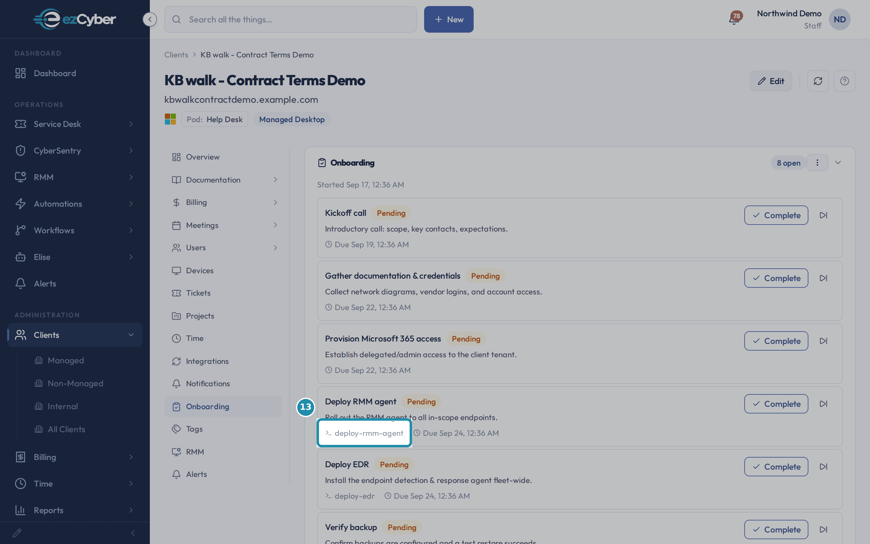 The Onboarding checklist with the "deploy-rmm-agent" script reference called out under the Deploy RMM agent step.