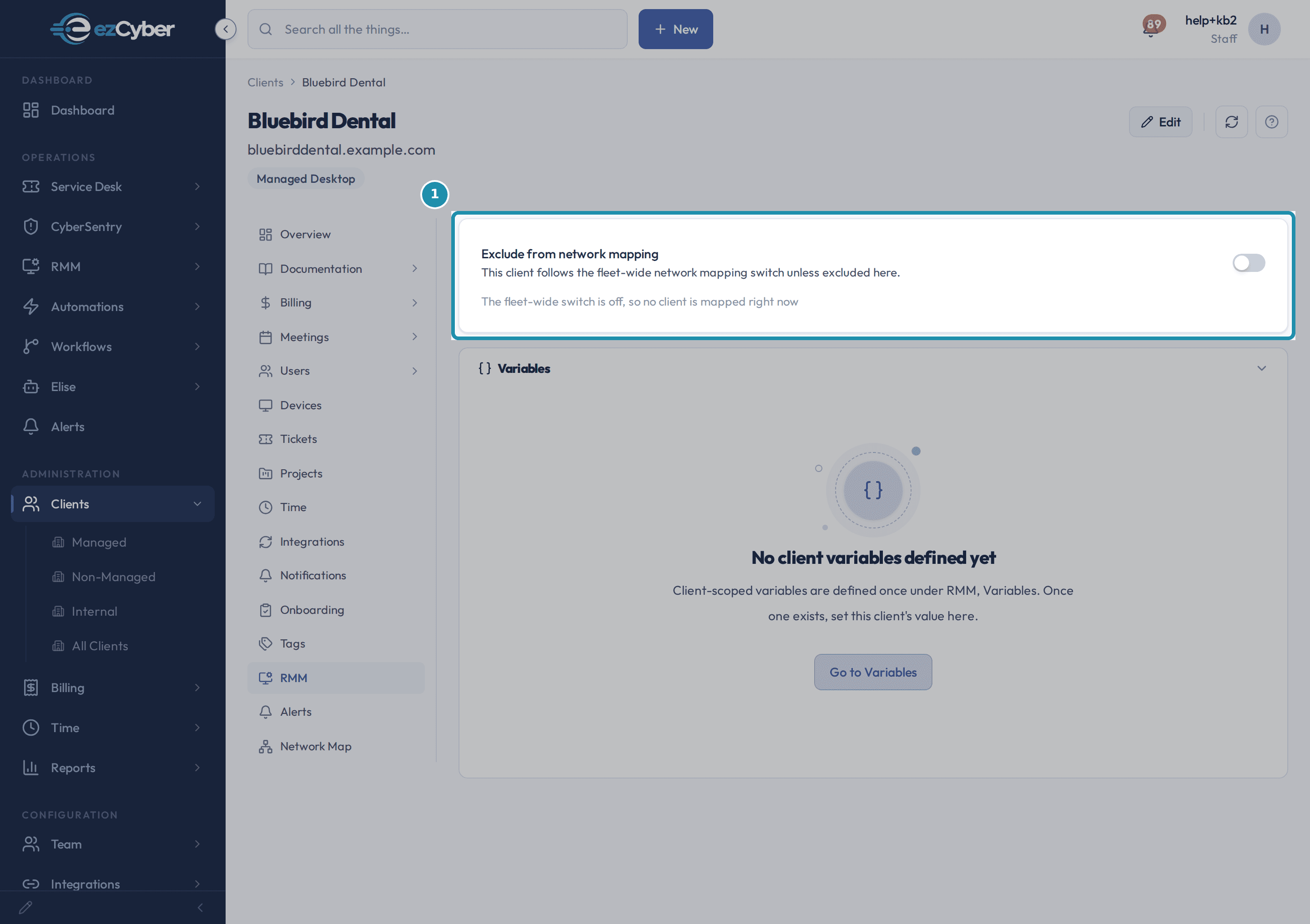 Bluebird Dental's RMM tab with the Exclude from network mapping card called out: its toggle switched off, and a note reading "The fleet-wide switch is off, so no client is mapped right now."