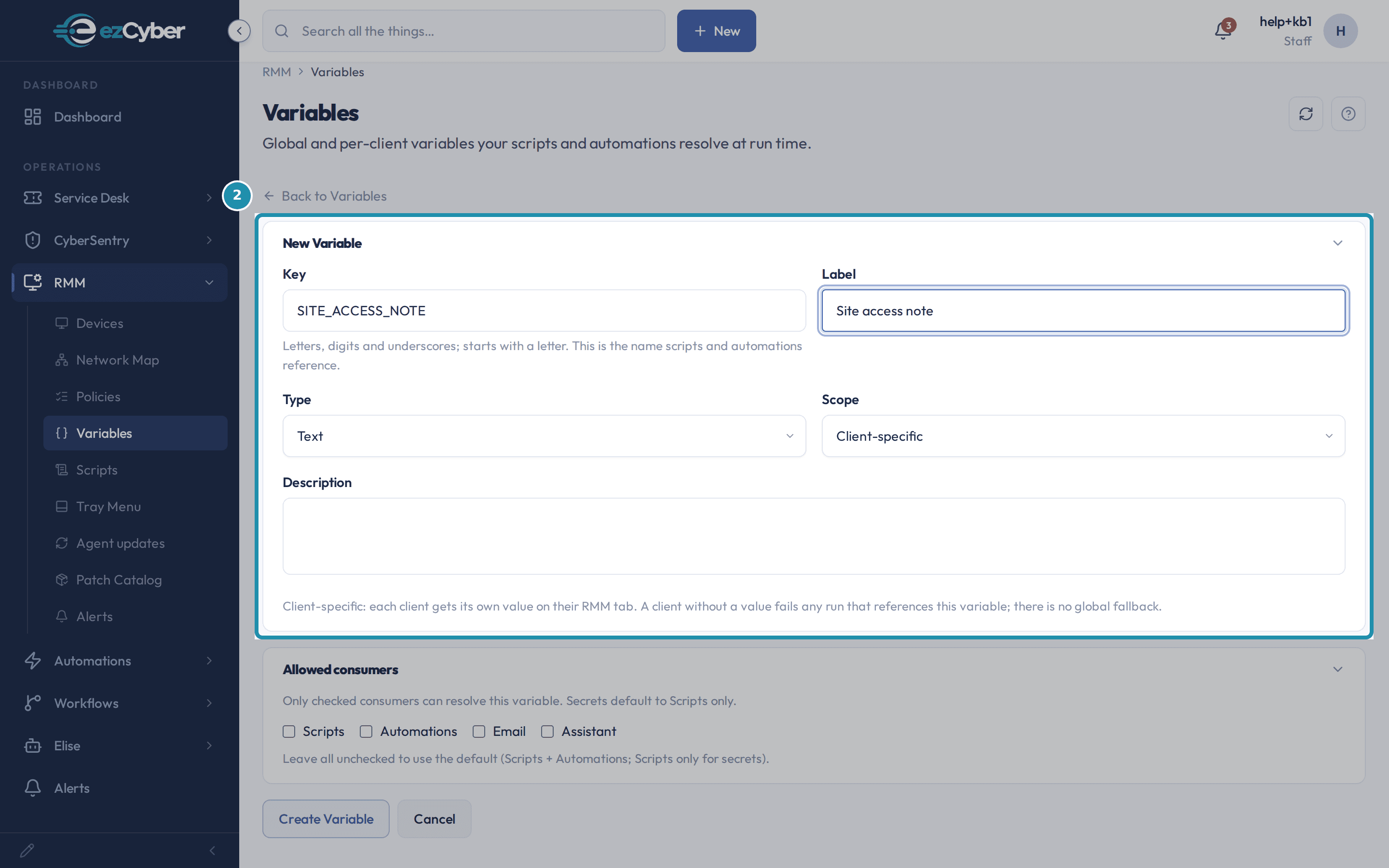 The New Variable form on RMM > Variables with Key set to KB_WALK_SAFE_TO_DELETE, Label set to "KB walk - safe to delete," and Scope set to Client-specific, called out, with the hint reading "each client gets its own value on their RMM tab" underneath.