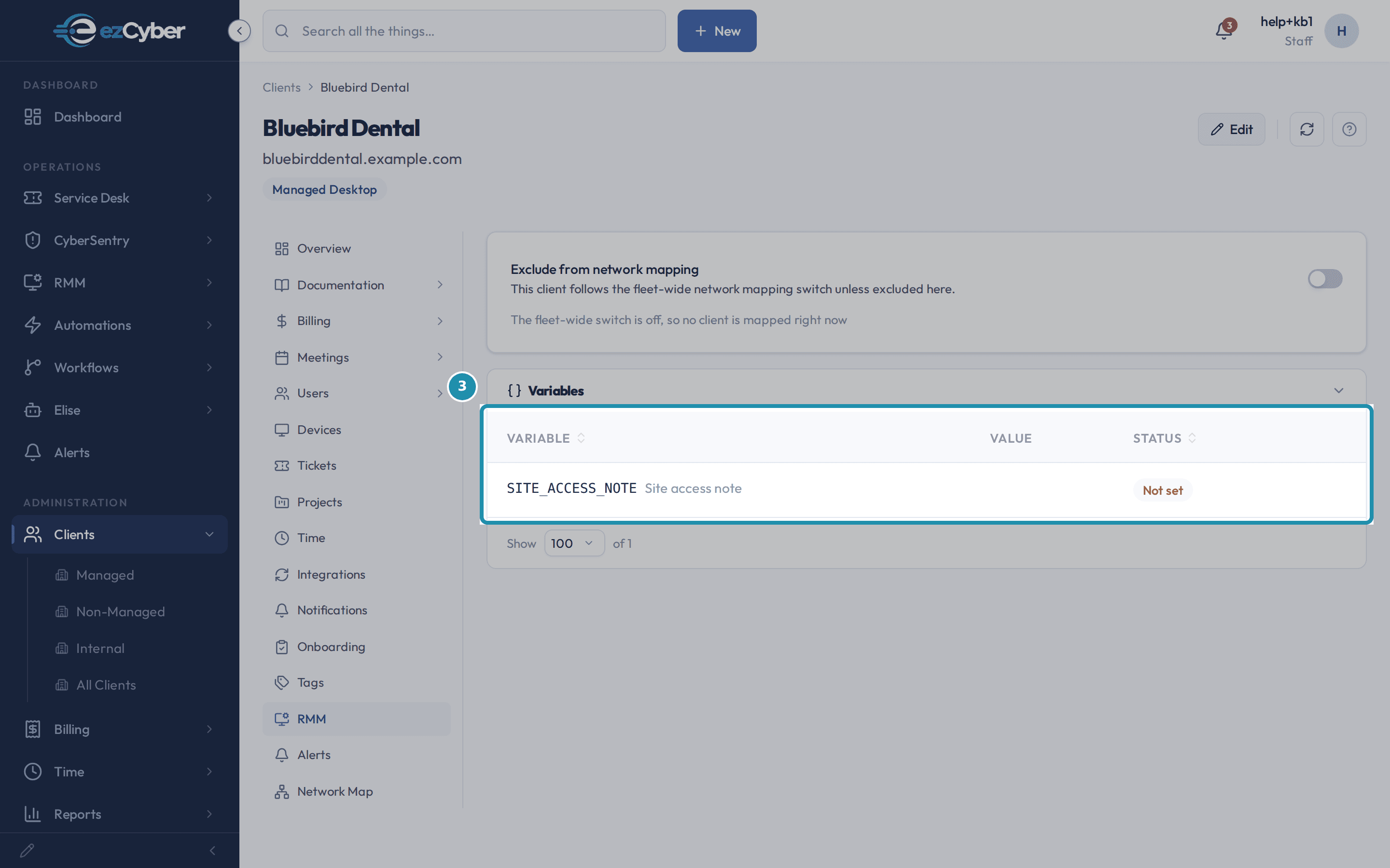 Bluebird Dental's RMM tab with the new KB_WALK_SAFE_TO_DELETE row and its Not set status badge called out.