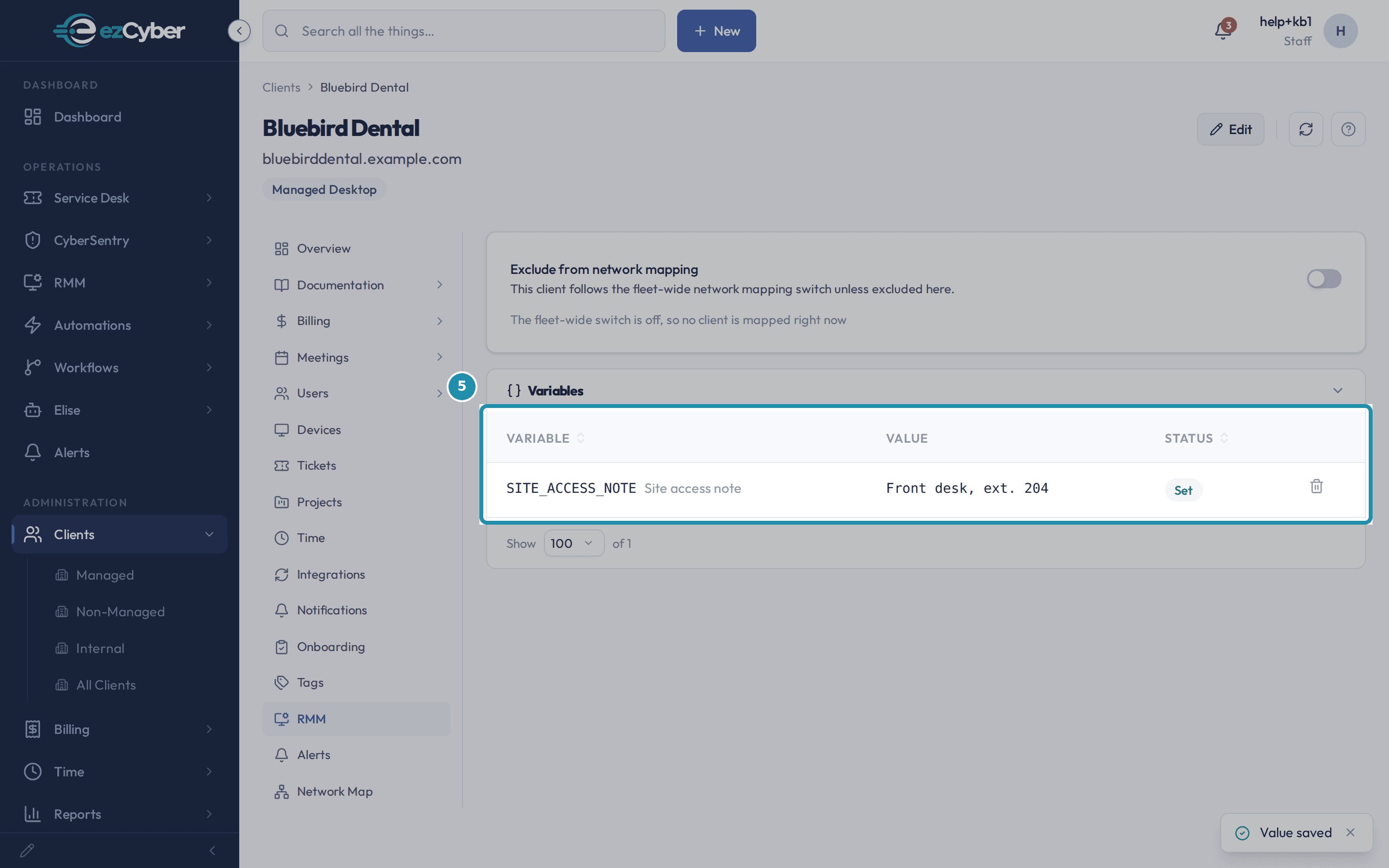 Bluebird Dental's RMM tab with the KB_WALK_SAFE_TO_DELETE row now reading "kb-walk-value" and a Set status badge, called out, next to a "Value saved" confirmation.