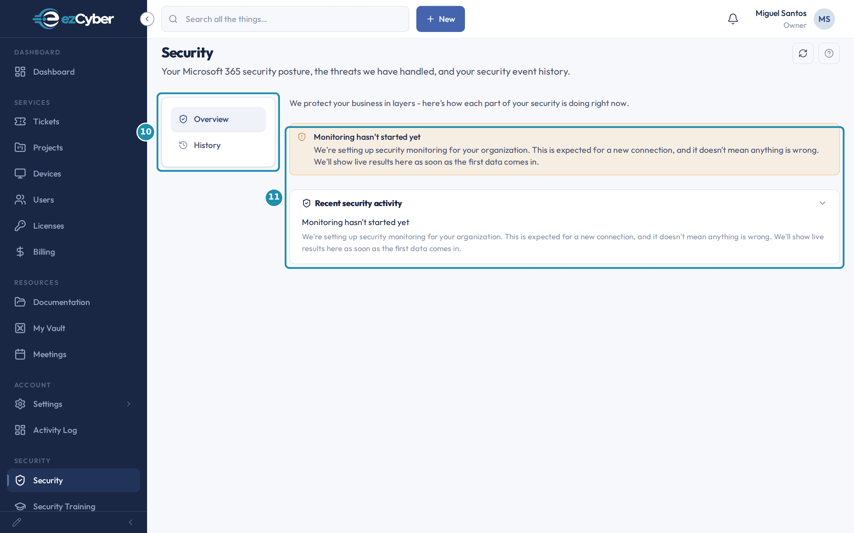 The client Security page's Overview tab, with a numbered teal badge and box outline on the Overview/History tabs and the monitoring-status banner plus Recent security activity card.