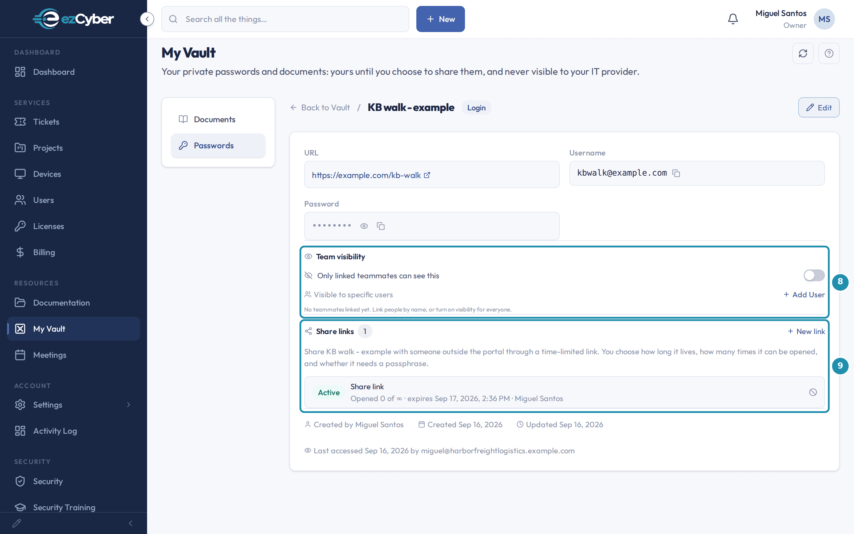 A My Vault password entry's detail view, with a numbered teal badge and box outline on the Team visibility panel and the Share links panel with its one active link.