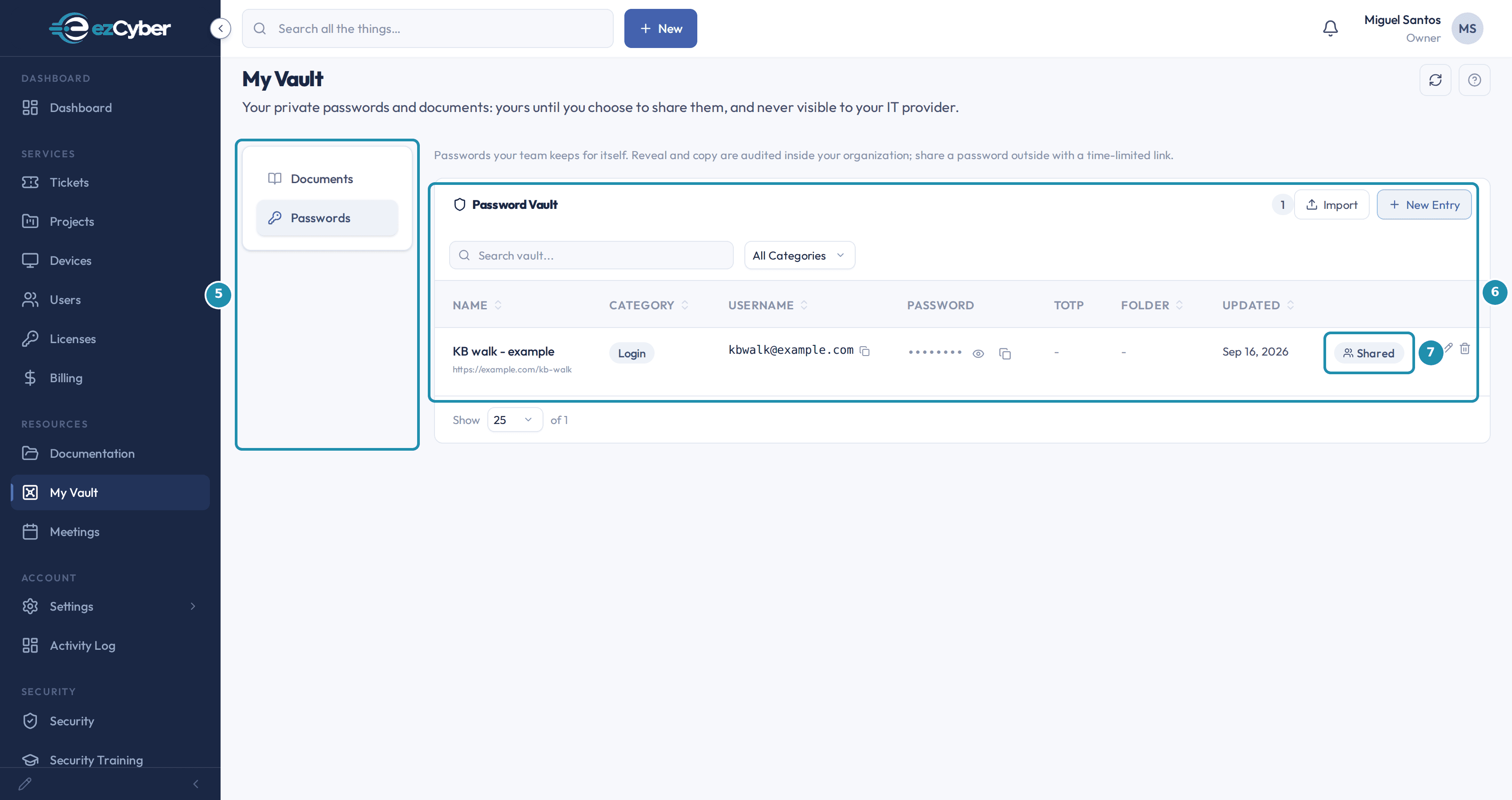 The My Vault Passwords tab, with a numbered teal badge and box outline on the Documents/Passwords tabs, the Password Vault card's toolbar and entry row, and that entry's Private-or-Shared badge.