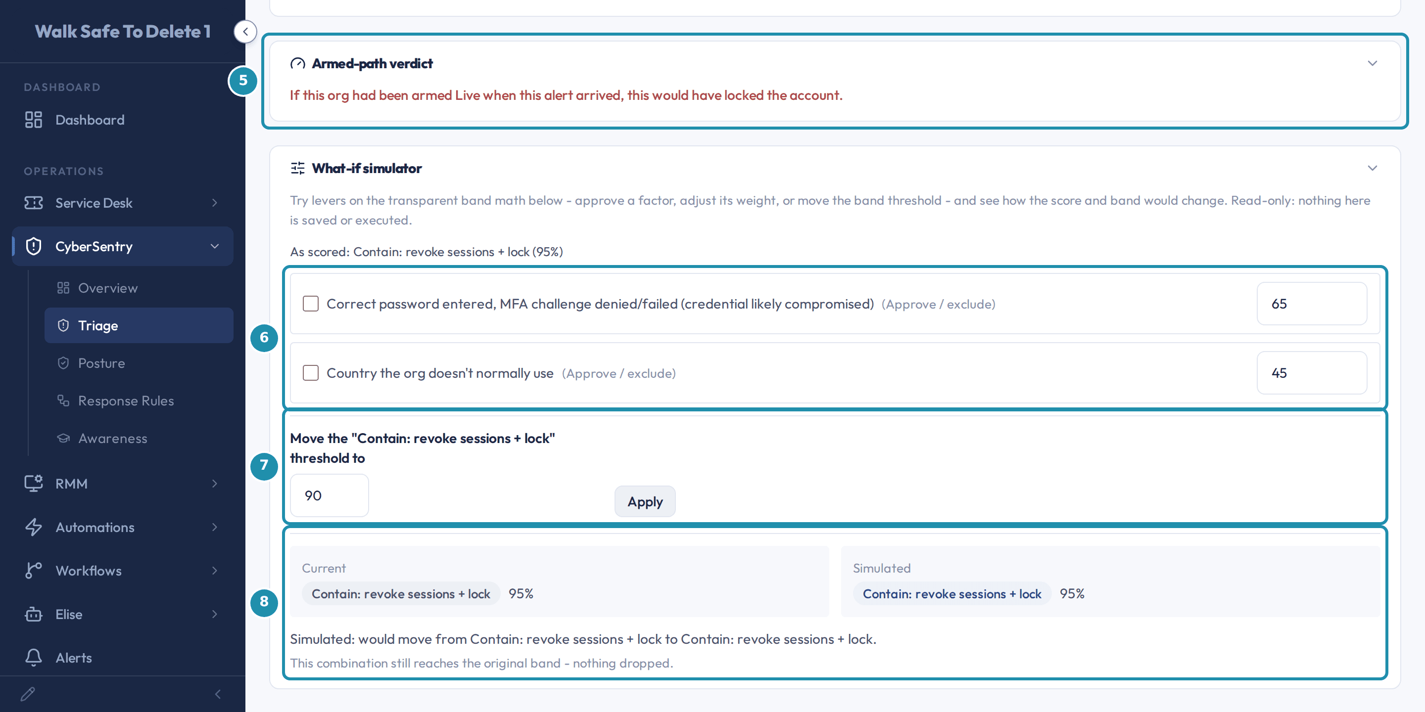 The same alert page scrolled down, with numbered badges on the Armed-path verdict card, the What-if simulator's factor levers, the band threshold field, and the Current and Simulated pair.
