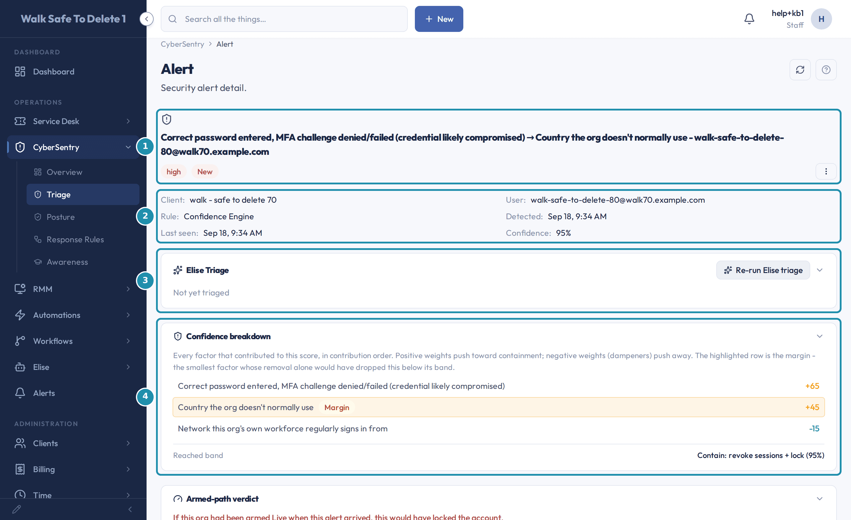 A security alert's detail page with numbered badges on the alert and its badges, the facts row, the Elise Triage card, and the Confidence breakdown card.