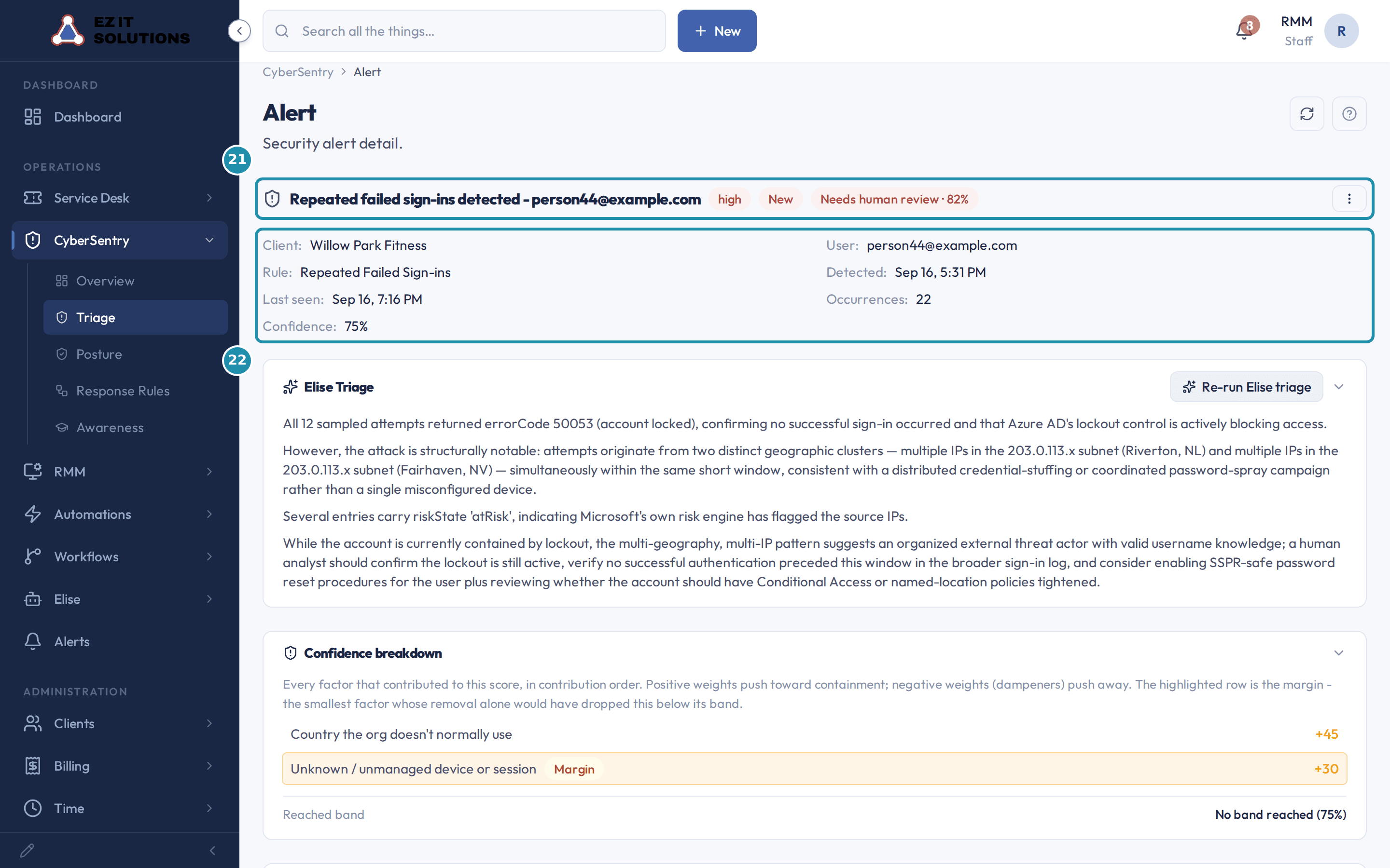 One security alert's detail page with its title and badges outlined, and the facts list below outlined, showing client, user, detector, timing, occurrences and confidence with no ticket reference.