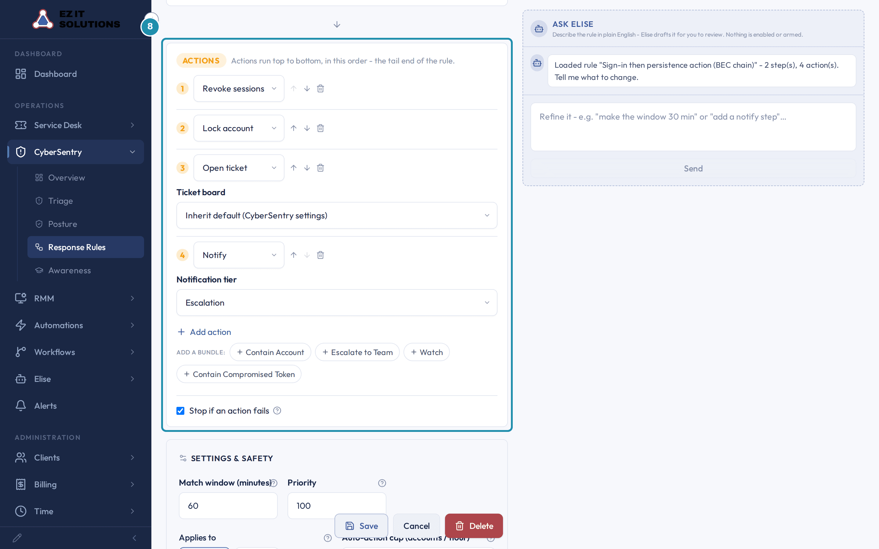 The Actions card of the same rule outlined, listing revoke sessions, lock account, open ticket and notify in order.