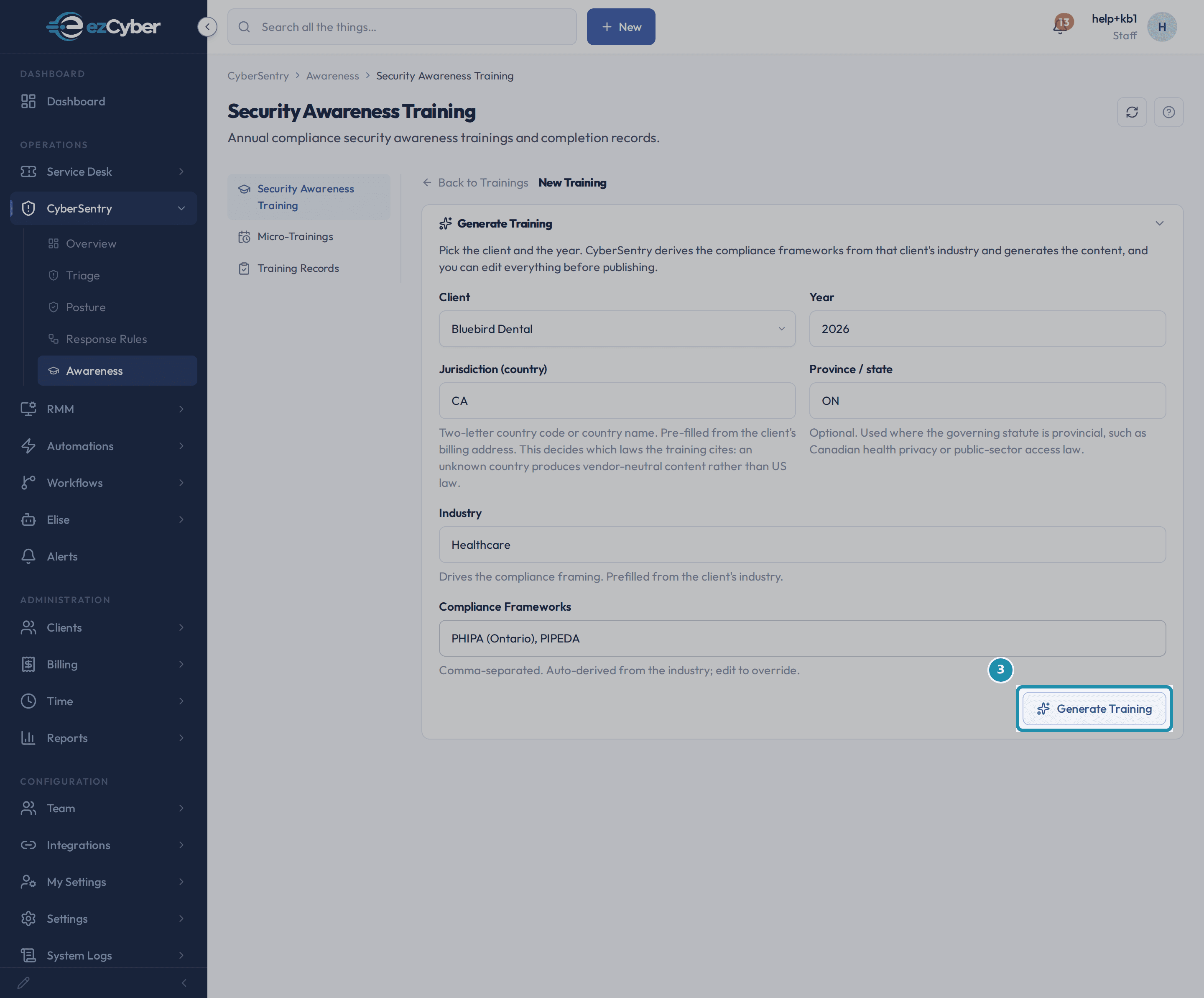 The New Training form with Jurisdiction CA, Province / state ON, Industry Healthcare, Compliance Frameworks reading PHIPA (Ontario), PIPEDA, and the Generate Training button boxed.